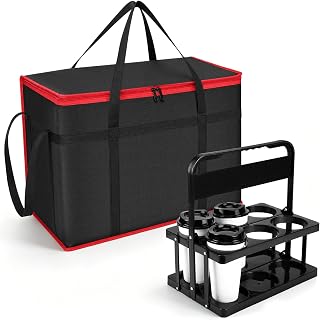 Reusable 6 Cup Drink Carrier with Handle and Insulated Bag for Hot and Cold Drink/Food, Foldable Plastic Cup Holder and Large Capacity Insulated Food Bag for Travel and Delivery (Large, Red+Black)