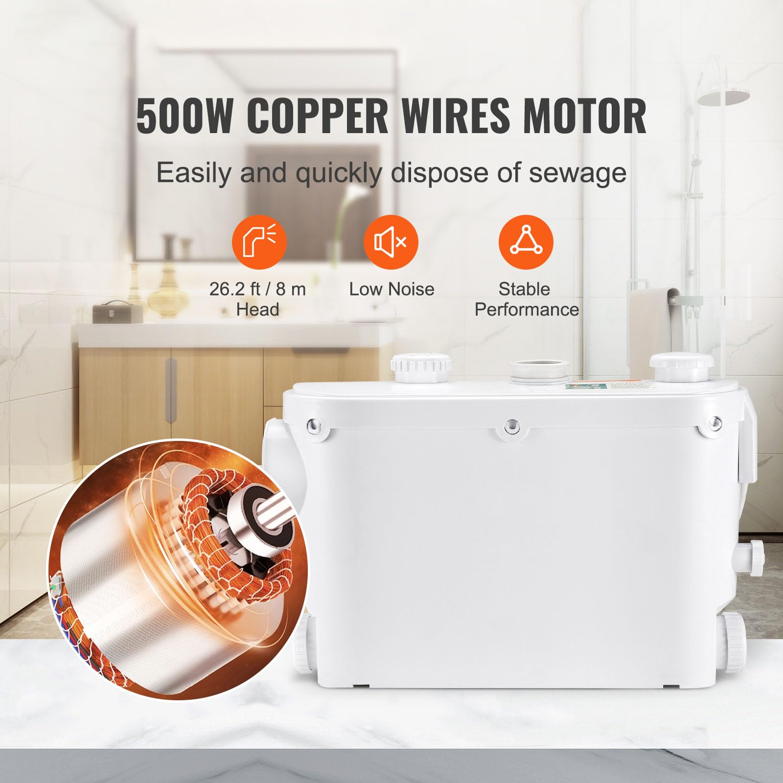 Happybuy 500W Macerator Pump – 29 GPM Flow, 8m Head, Wall-Mounted Upflush System for Toilet, Shower, Sink & Laundry
