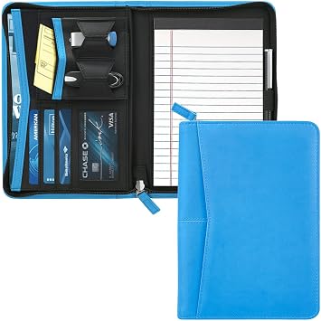Small Portfolio Organizer, A5 Zippered Business Portfolio, Junior Padfolio Folder Binder for Women & Men, 5 x 8 Writing Pad Included, Blue