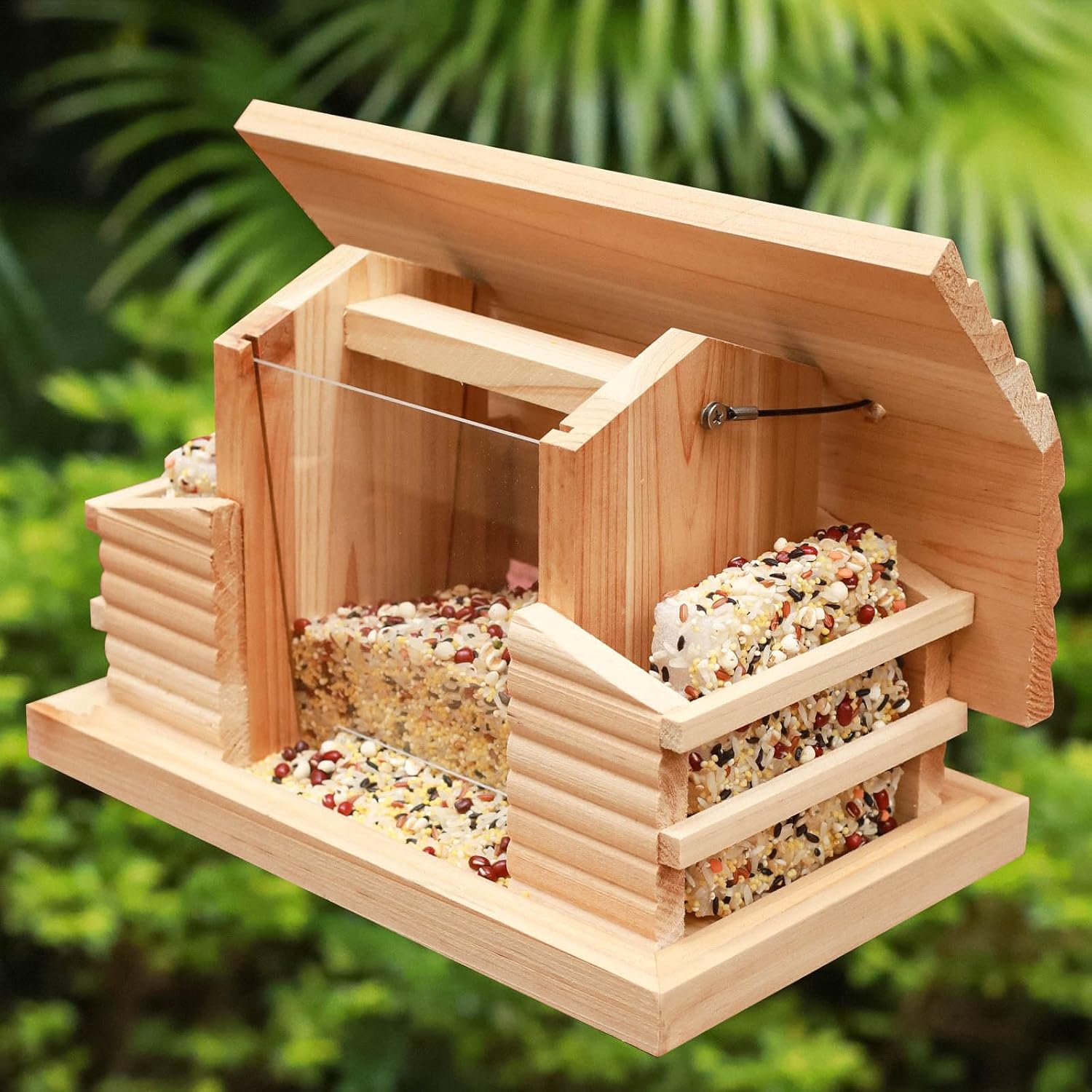 Bluebird Wooden Suet Feeder - Outdoor Patio Yard Tree Hanging with Double Window and Double Suet Cake Holder Cages Outside Wood Platform Wildbird Mealworm Feeder