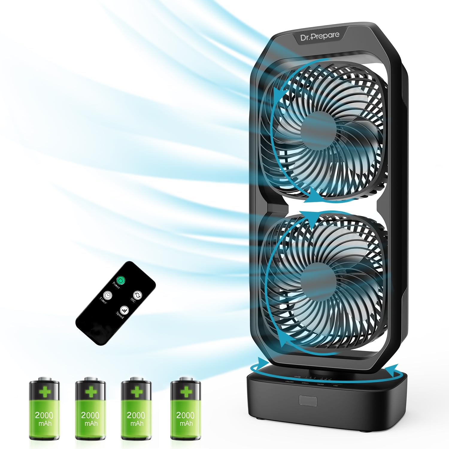 DR.PREPARE120° Oscillating Quiet Tower Fan with Remote, Small Battery Powered Desk Fan for Bedroom, 250° Tilt, 3 Speeds, 8H Timer, Portable Rechargeable Table Fan for Office Outdoor, Wider Airflow