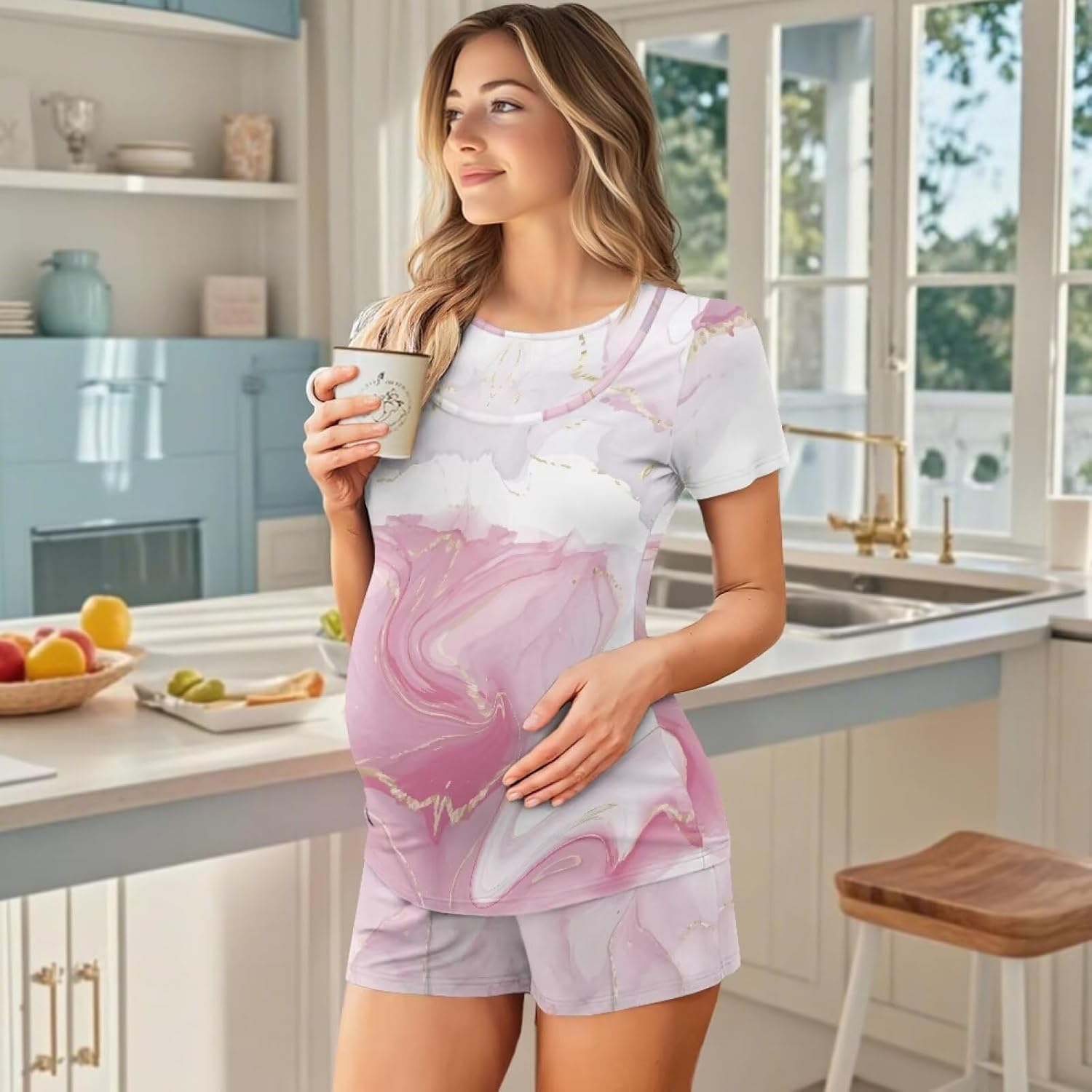 Women Short Sleeve Nursing Pajama Set, Breathable 2 Piece Pjs Sets for Home S-2XL Size