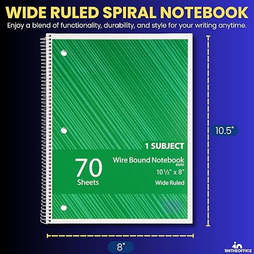 Miniatura 2 de 1InTheOffice Cuaderno de espiral con rayas universitarias, cuaderno de espiral de un tema, cuaderno encuadernado en espiral, 10.5 x 8 pulgadas, 3