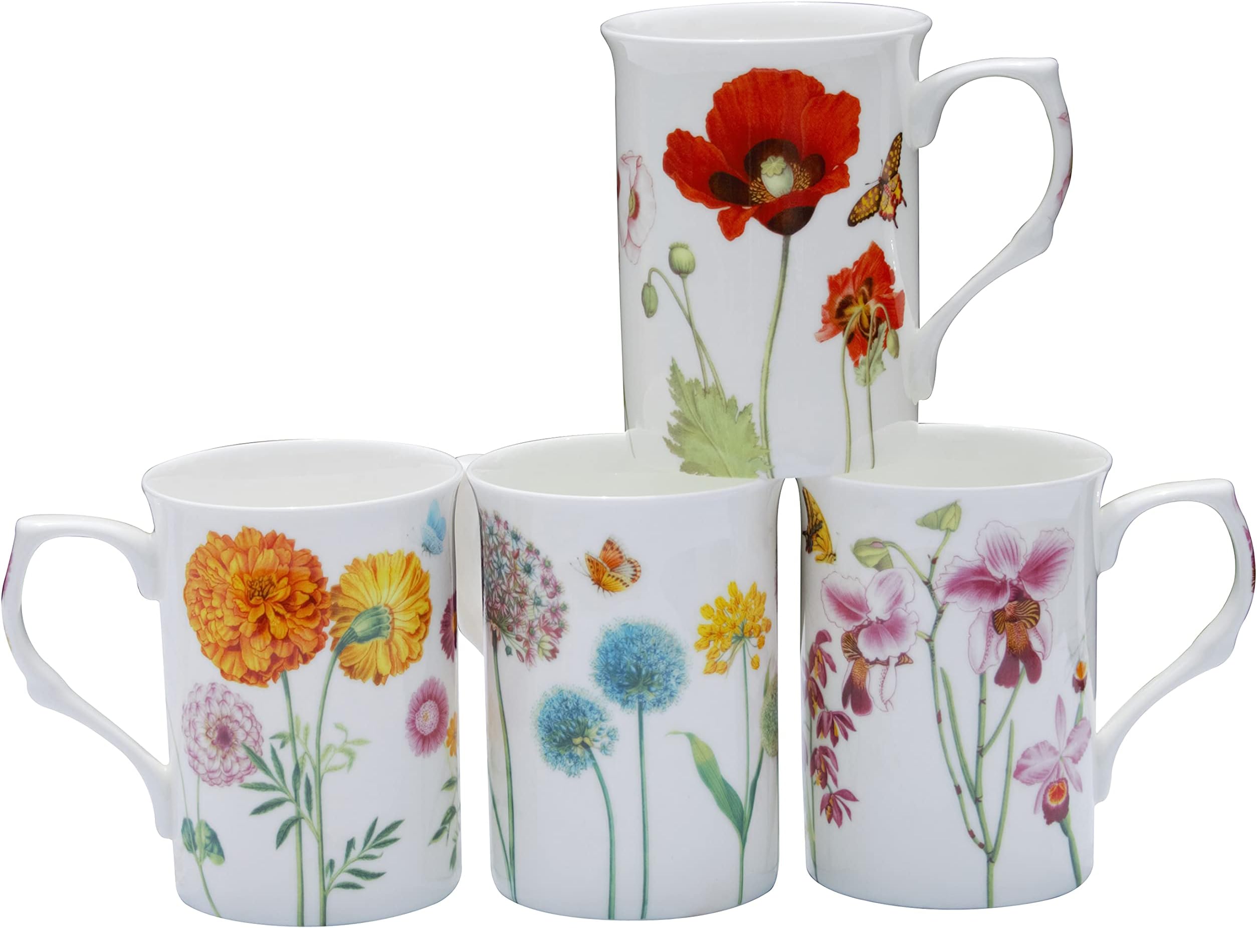 Bone China Coffee Tea Mugs 9-Ounce, Assorted Set of 4 (Wildflower Garden)