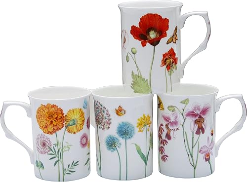 Tazas de té de café de porcelana de hueso, 9 onzas, juego surtido de 4 (Wildflower Garden)