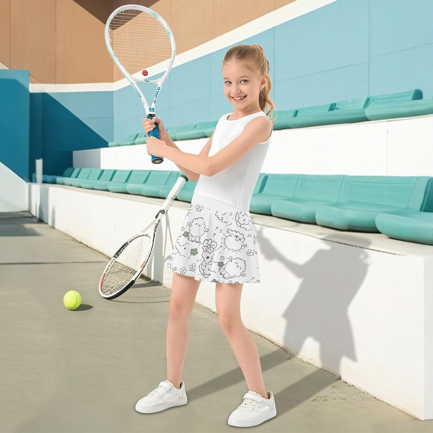 visesunny Abstract Flower Sketch Girl's Golf Skirt Athletic Tennis Skort Sport Activewear with Double Layer Pockets