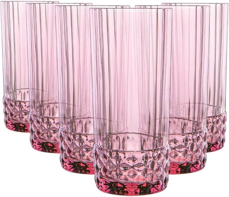 America '20s Lilac Rose Cooler Glasses, Set of 6 - Made in Italy Tainted Crystal Glass with Diamond-Cut Design - 16.5 oz Barware Essentials for Cocktails & Spirits