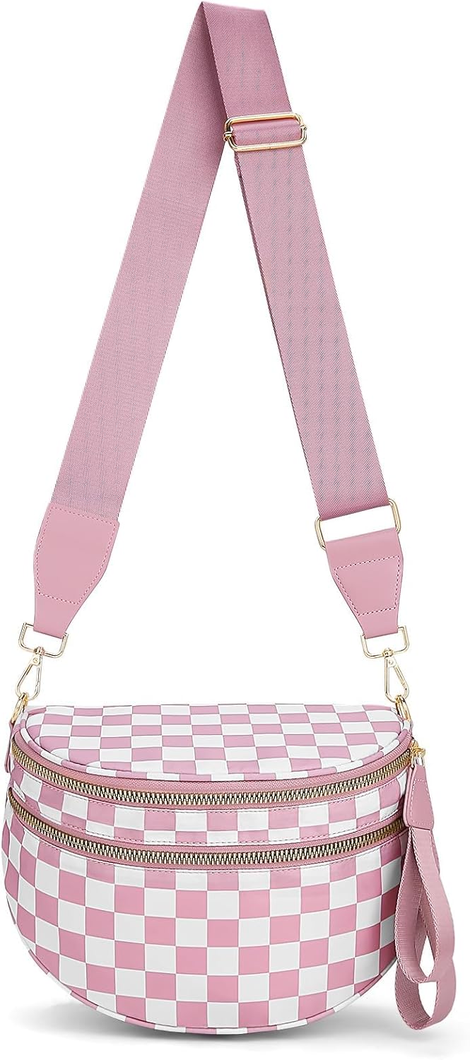 Lushandy Bum Bag Women's Checkered Crossbody Bag Nylon Cross Body Bags Plaid Mom Everyday Purse for Travel