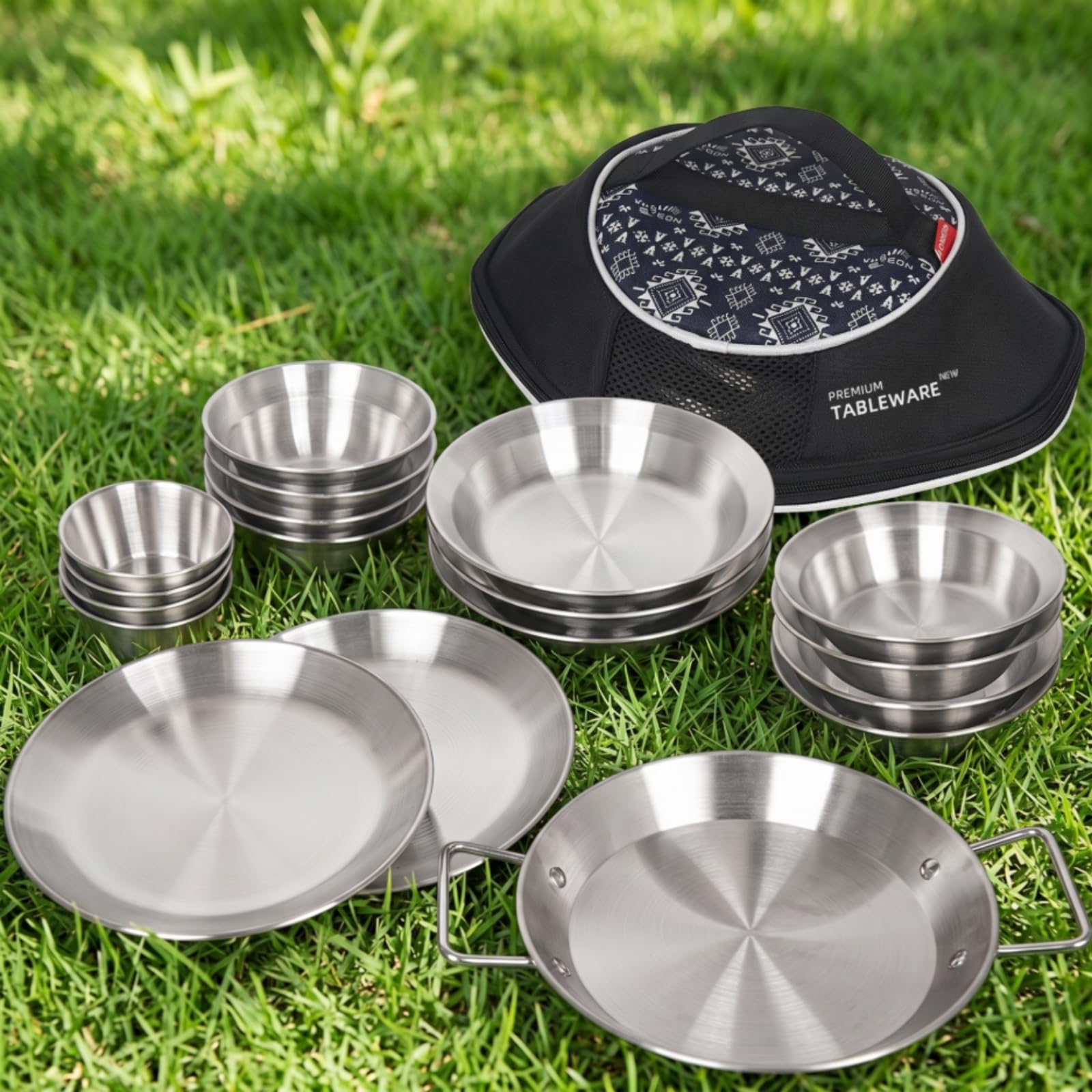 Milageto 18 Pezzi Stoviglie da Campeggio con Borsa Durevole Set da Campeggio in Acciaio Inox Antiruggine per Famiglie, Barbecue