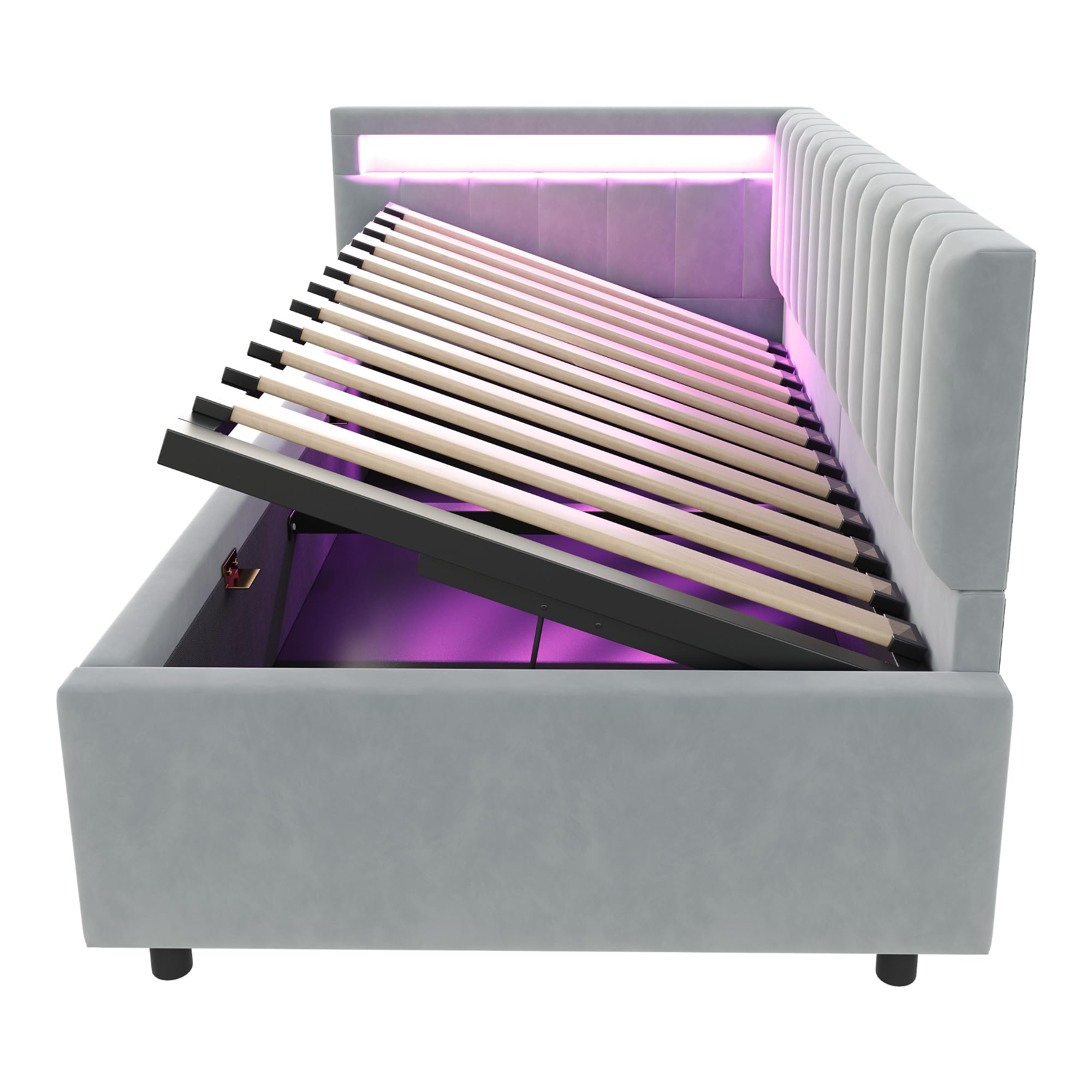 Divano letto imbottito 90 x 200 cm, con illuminazione a LED e spazio idraulico, design classico a righe verticali, testiere laterali con posizioni intercambiabili, rete a doghe, tessuto in velluto