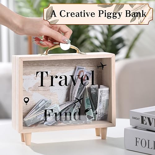 Miniatura 5 de Vesici Caja de fondos de viaje para adultos, caja de ahorro de dinero, maleta decorativa de vacaciones, banco de monedas de madera para bodas de