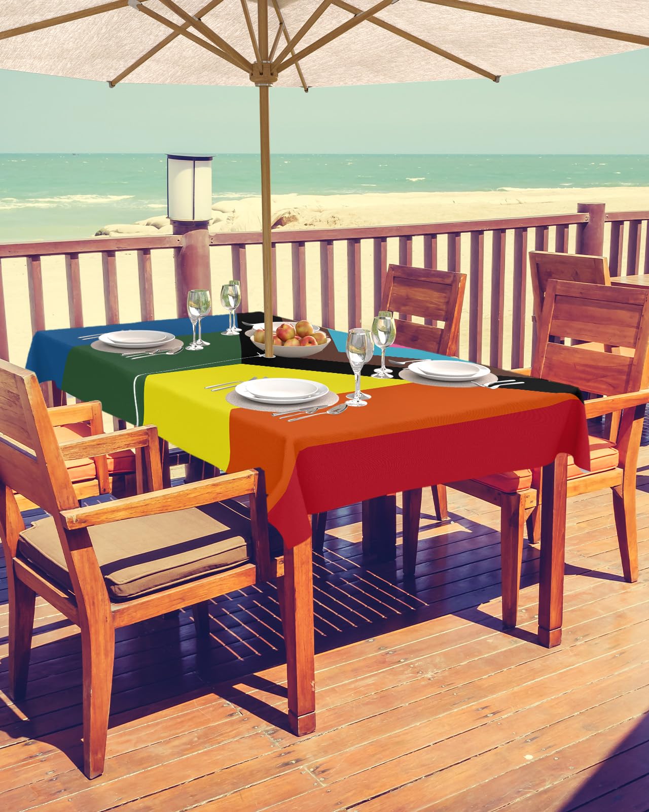 BABE MAPS Outdoor Tablecloth with Umbrella Hole and Zipper, Rainbow Stripes Color Texture Rectangle Waterproof Table Cloth Wrinkle-Free Washable Table Cover for Patio Picnic Party Table Decor 60x84in