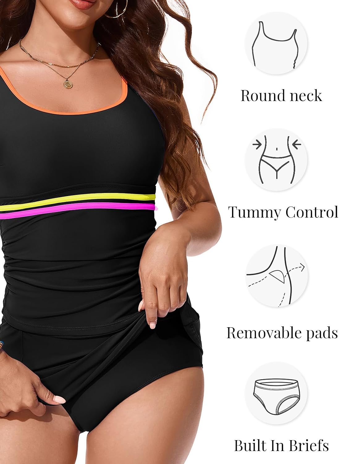 RIHOAS Womens Color Block Tankini Swimsuit Skirt U-Neck Tummy Control Two Piece Bathing Suit Flattering Modest Athletic Dress