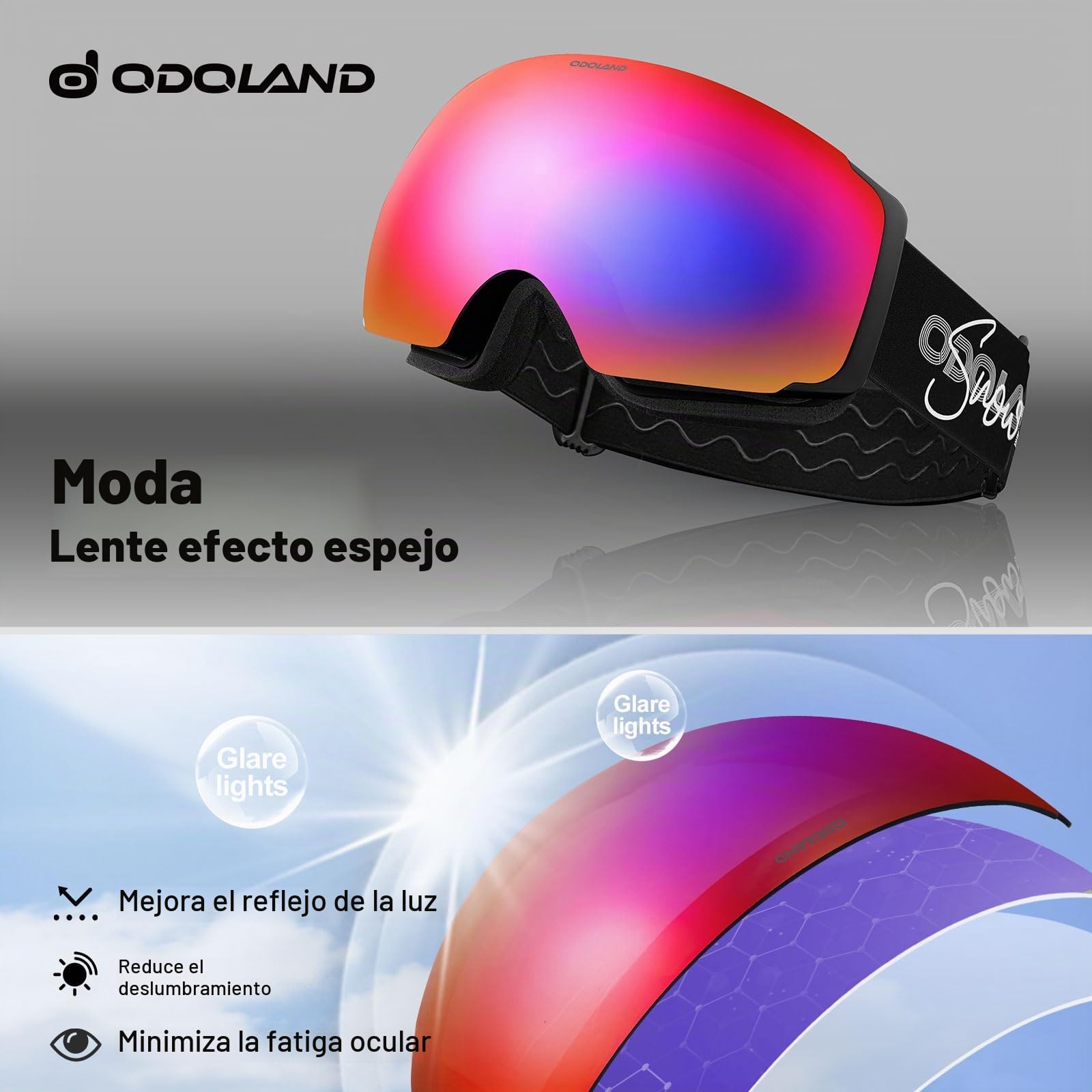 Odoland Gafas de Esquí Esféricas Grandes Sin Marco con Lentes Magnéticas Intercambiables, Máscara de Esquí para Adultos y Jóvenes, BA | Gafas de snowboard esféricas grandes sin marco para hombres y mujeres, marco negro, lente morada