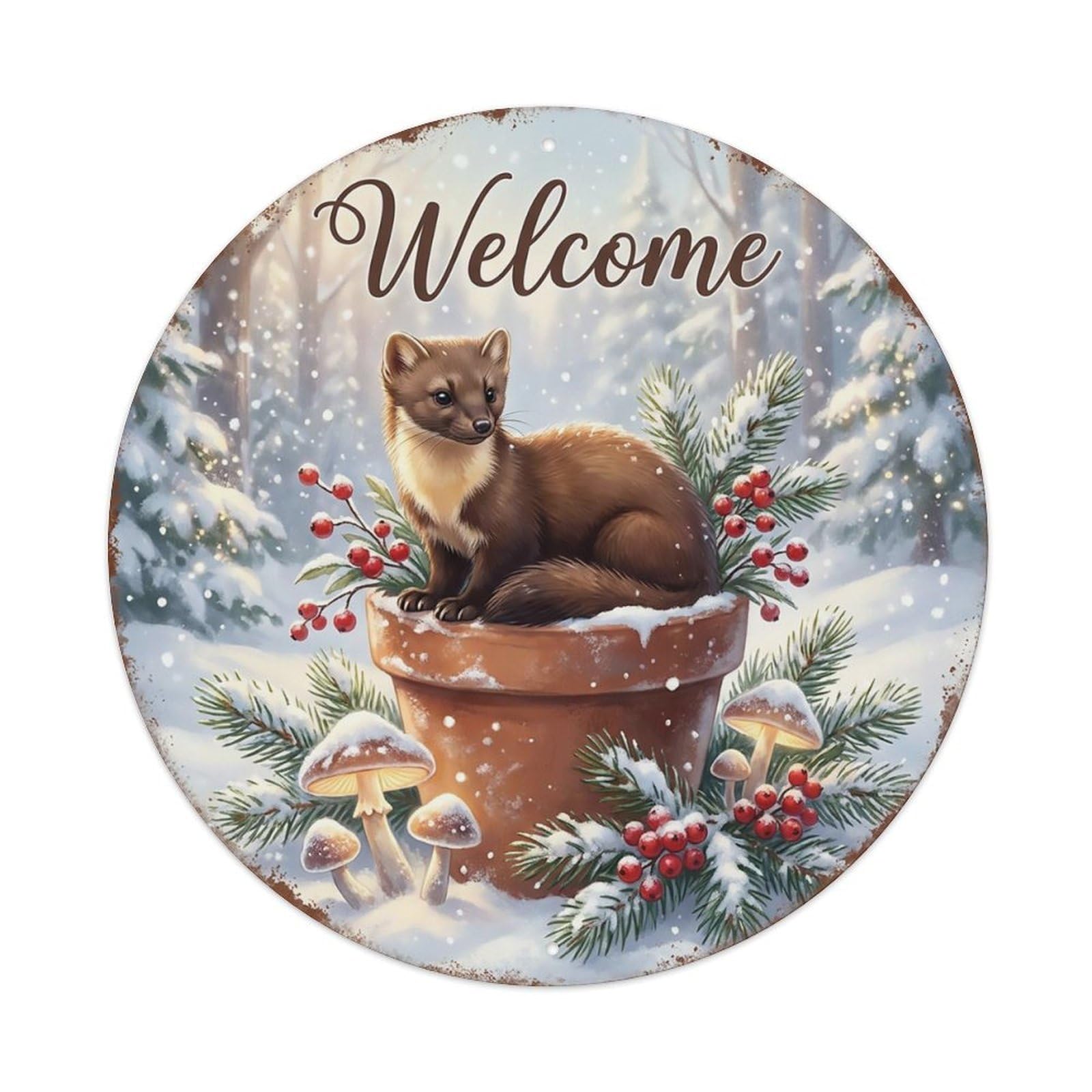 Welcome Marten Snowy Forest Metal Tin Sign