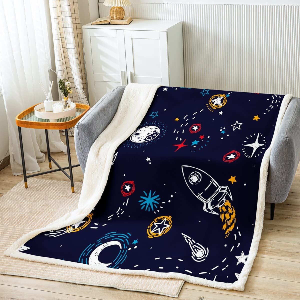 Homemissing Rocket Sherpa Blanket Galaxy Fleece Throw Blanket for Kids Boys Girls Teens Outer Space Planet Cute Fuzzy Blanket for Sofa Bed Universe Cartoon,Single 50x60 Inch