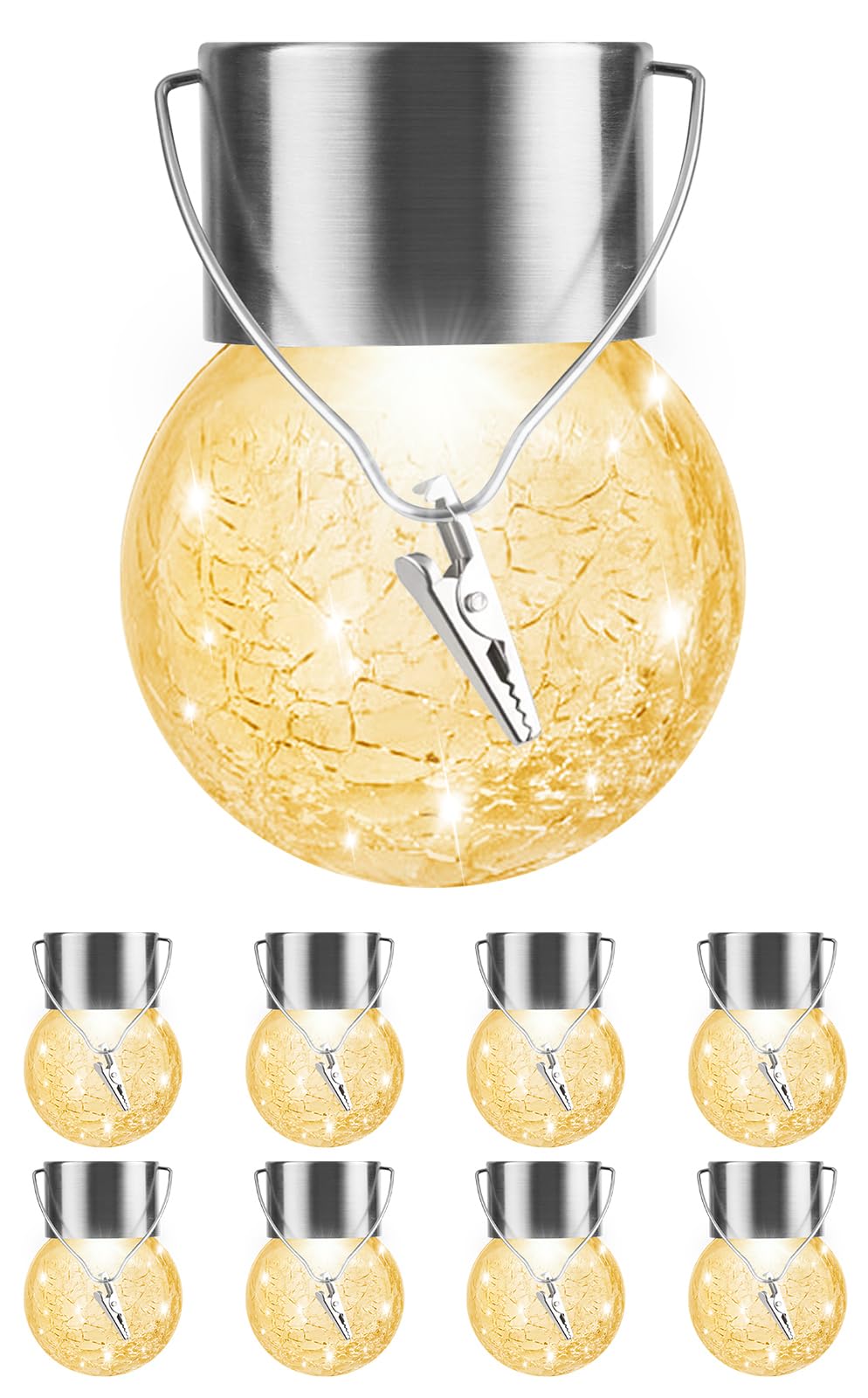 Solar Lights Outdoor Hanging Decorative Globe 8 Pack, Waterproof Solar Lantern with Handle and Clip, Solar Powered Glass Ball Lights for Garden Yard Fence Tree Umbrella Holiday Décor, Warm White