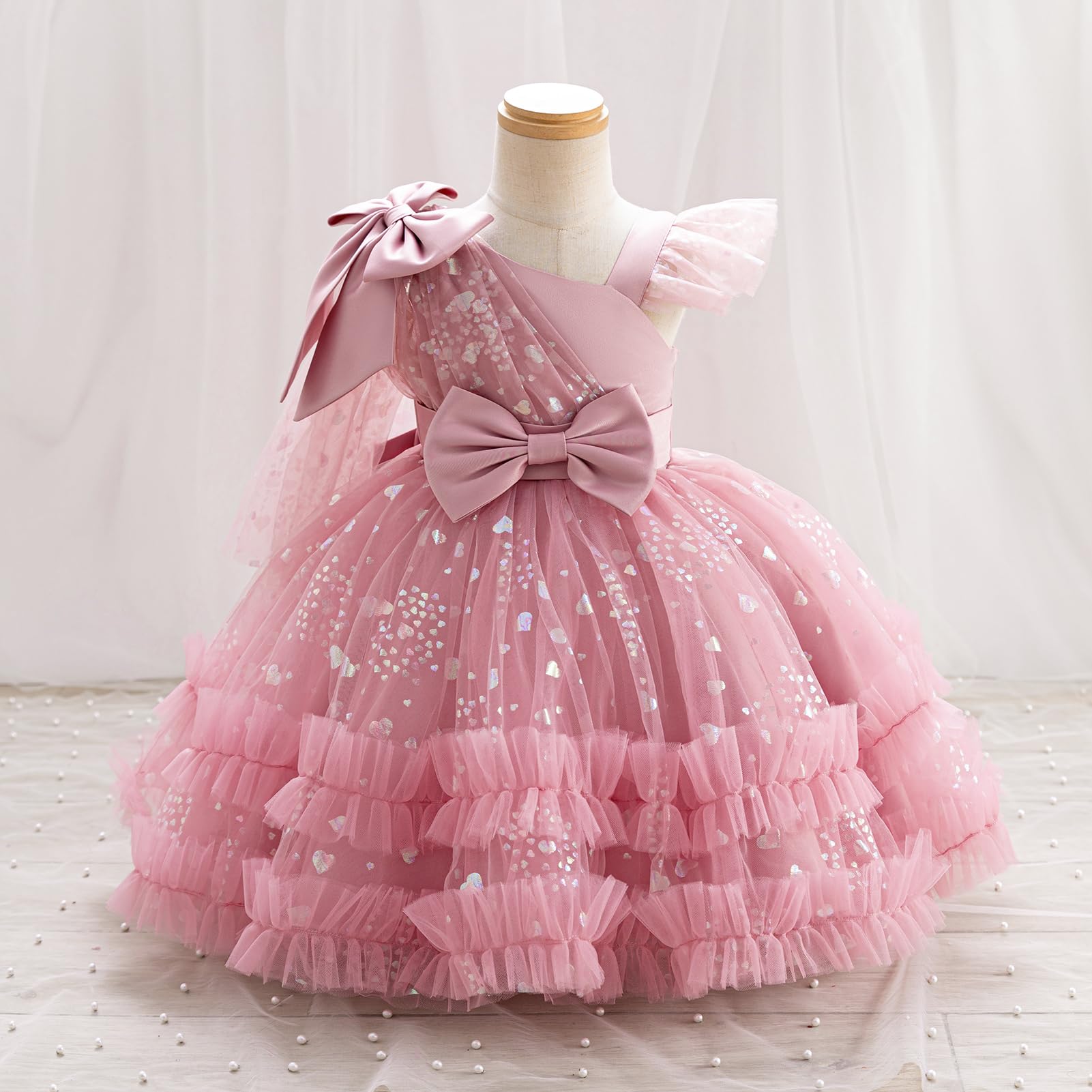 OBEEII Vestido de concurso para niñas pequeñas, vestido de tul con lentejuelas y corazón, vestido de tutú de flores para boda, princesa, fiesta de cumpleaños, vestido de graduación