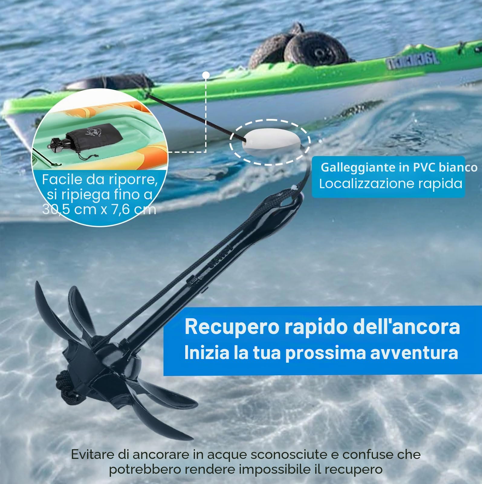 Alpinista Ancora per kayak, 1,6 kg, ancoraggio per kayak, kit di ancoraggio per kayak, SUP, canoa, con corda da 12,2 m