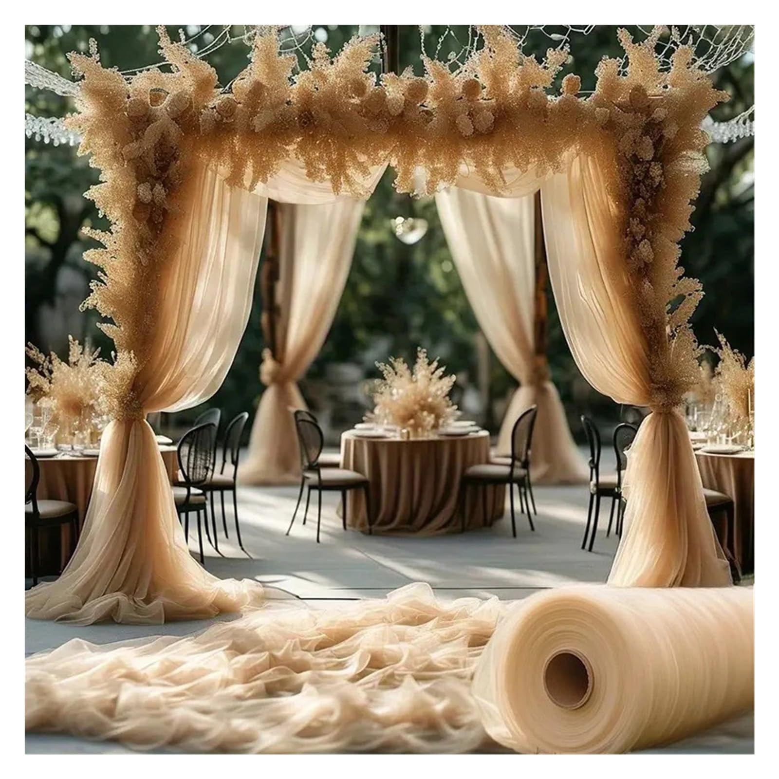 DeckenvorhäNge FüR Hochzeitsfeiern 50 m Überlänge, transparenter Champagner-Tüll – DIY-Party, Hochzeit, Bogendekoration, Deckentischläufer, Schal, Gaze-Volant-Dekor(Champagne)