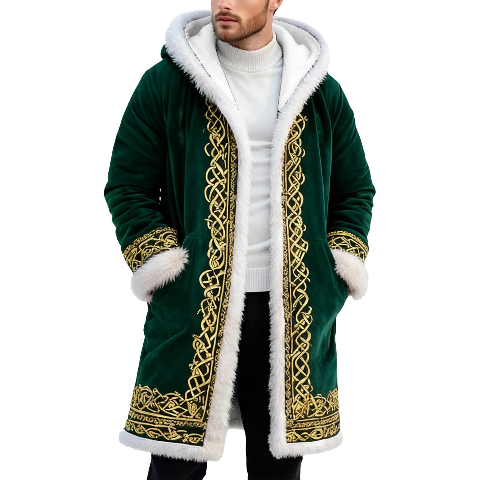 Santa Claus Costume Men's Christmas Costume Men's Funny Christmas Fleece Hoodie Oversize Christmas Jacket Warm Soft Cardigan Festive Party Coat Xmas Hooded Coat with Hood, O Green, 3XL