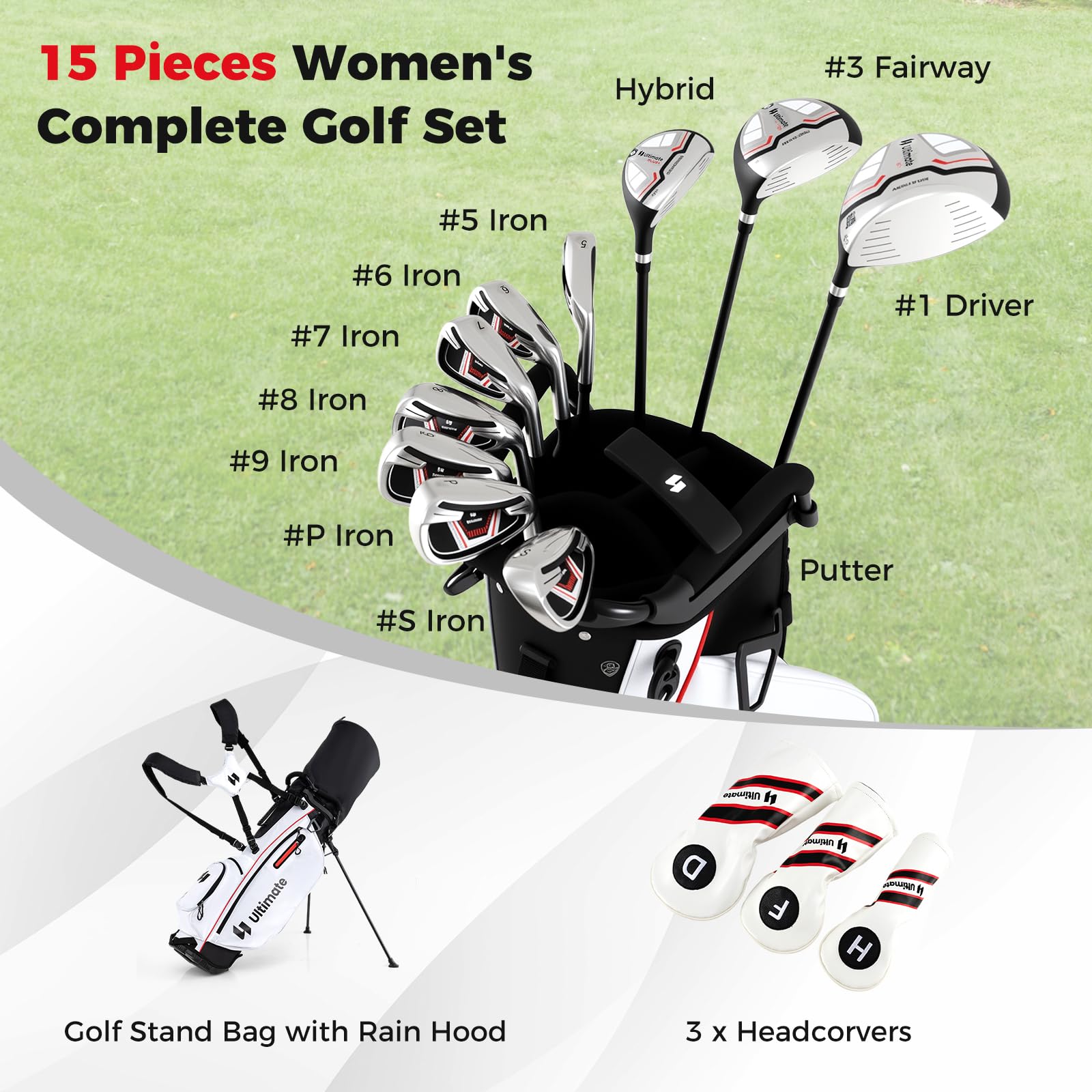 ULTIMATE Women's Complete Golf Clubs Set w/Golf Stand Bag (White)