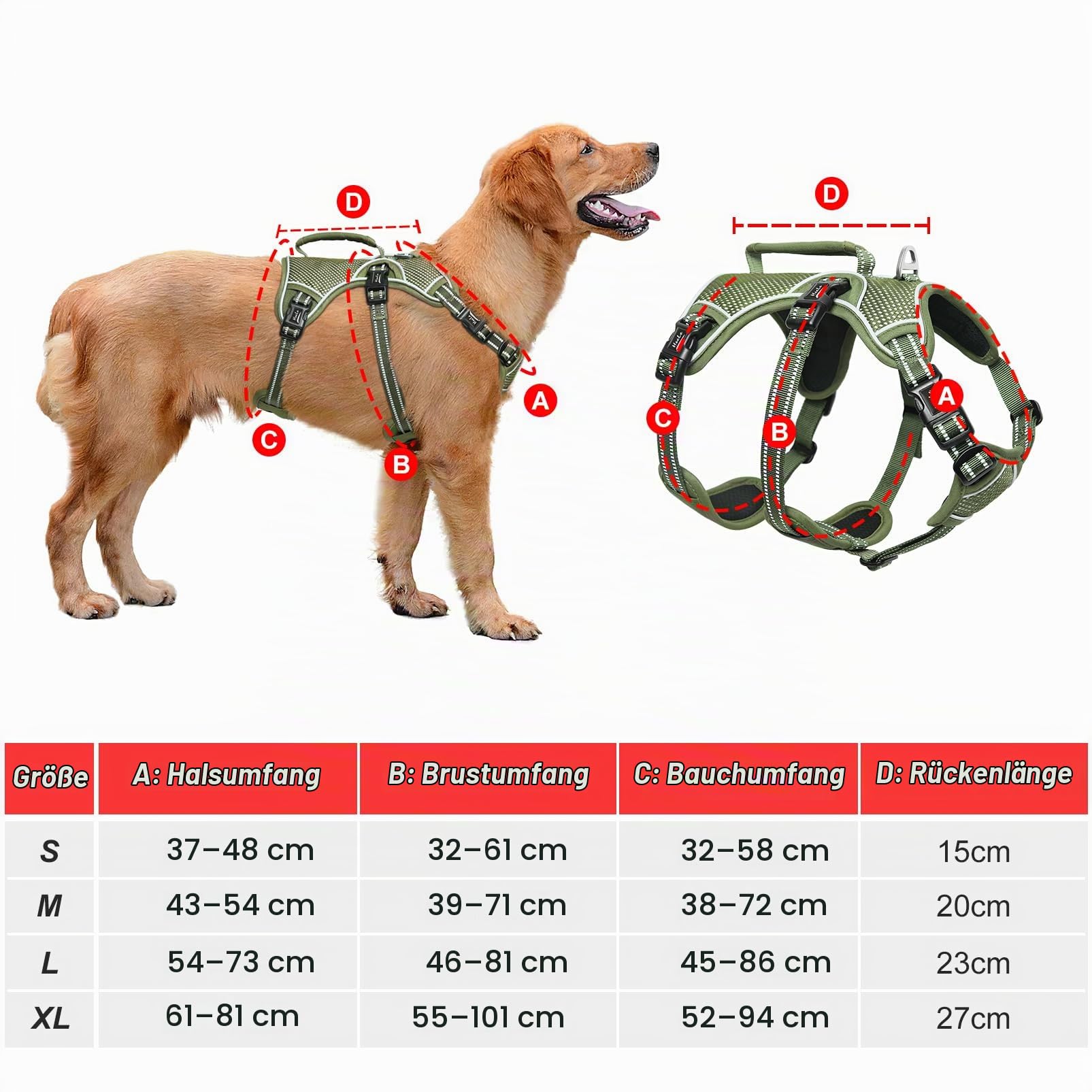 HEELE Hundegeschirr, Ausbruchsicher, Schnalle im Halsbereich, Reflektierend, Brustgeschirr mit Robuster Griff, Panikgeschirr Hund, Hundegeschirr Stabilen Eindruck, Passt wie Angegossen, Grün, M | Brustgeschirr mit Robuster Griff, Panikgeschirr Hund, Refle