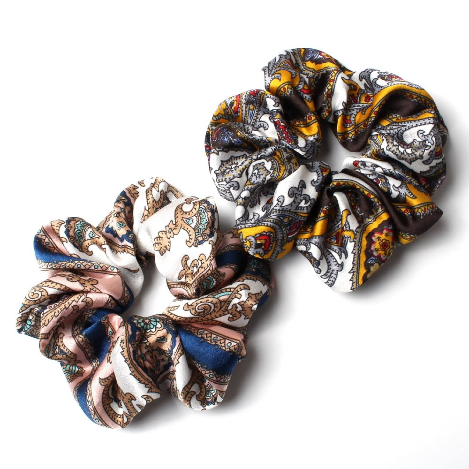 ACiyD Paquete de 2 coleteros de satén Retro para Mujer, coleteros con Estampado de Cadena, Lazos para el Pelo, Gomas elásticas Anchas para el Pelo, tocados, Color E (Color E)