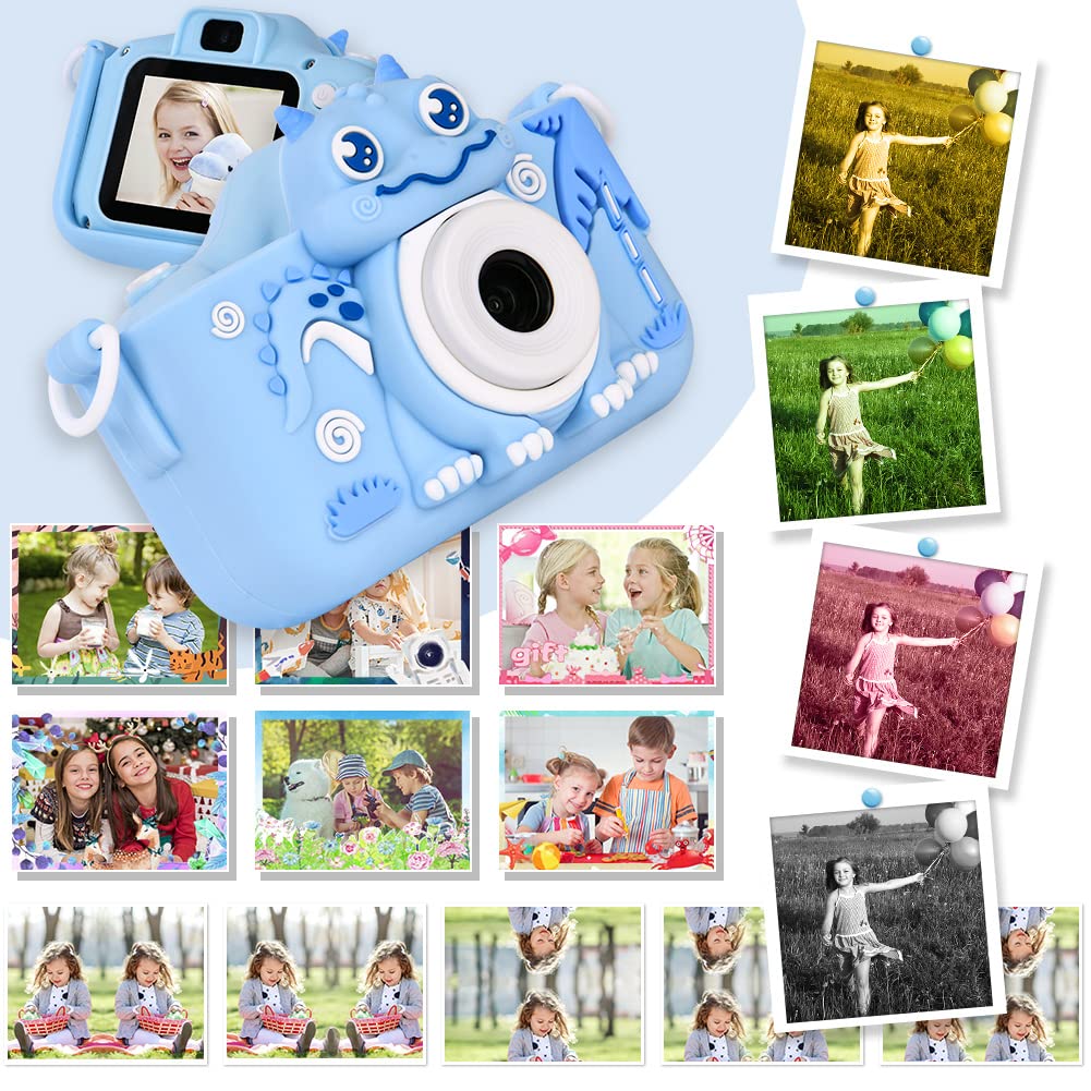 OSDUE Aparat dla dzieci,2.0-calowy wyświetlacz Aparat cyfrowy dla dzieci,1080P HD Wbudowana karta SD 32 GB Selfie Cyfrowy aparat fotograficzny,prezent urodzinowy na lata Zabawka dla dzieci (niebieska)
