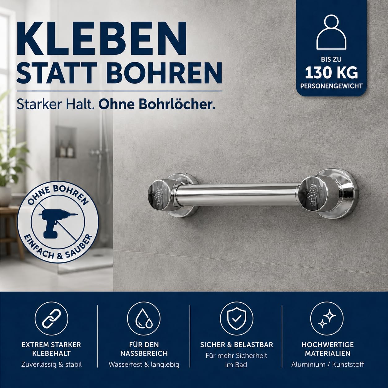 Haltegriff ohne Bohren – Deluxe Haltegriff Dusche, Bad, Toilette mit starker Klebeverbindung bis 130 kg, elegante Optik, rückstandsfrei entfernbar