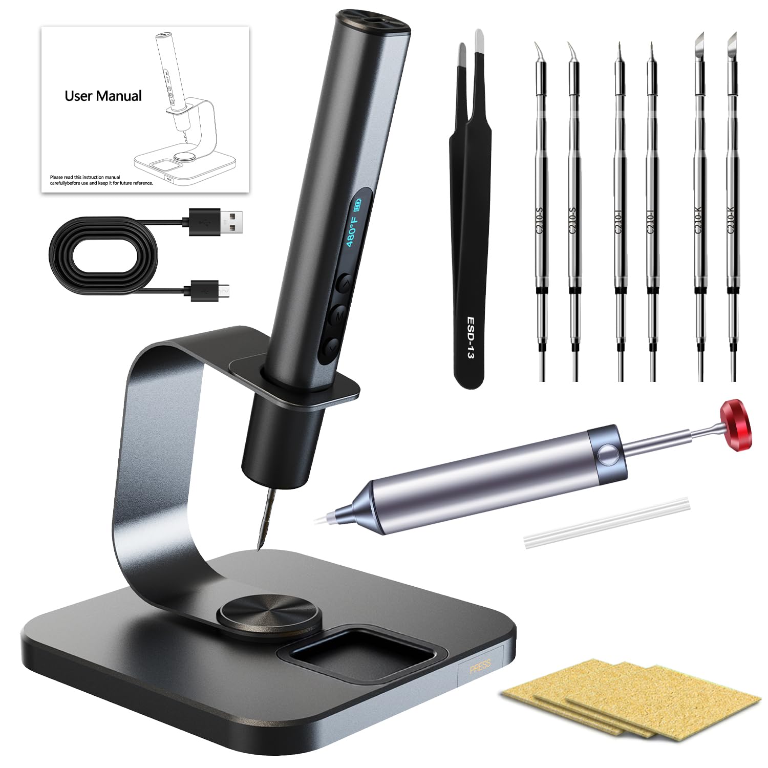 Akku Präzisions Lötkolben Set Kabellos | 6 Temperaturstufenmit ,6 C210 Lötspitzen, 360° Drehbarer Ständer, USB-C Lötset für Elektronik Bastler & Reparaturen