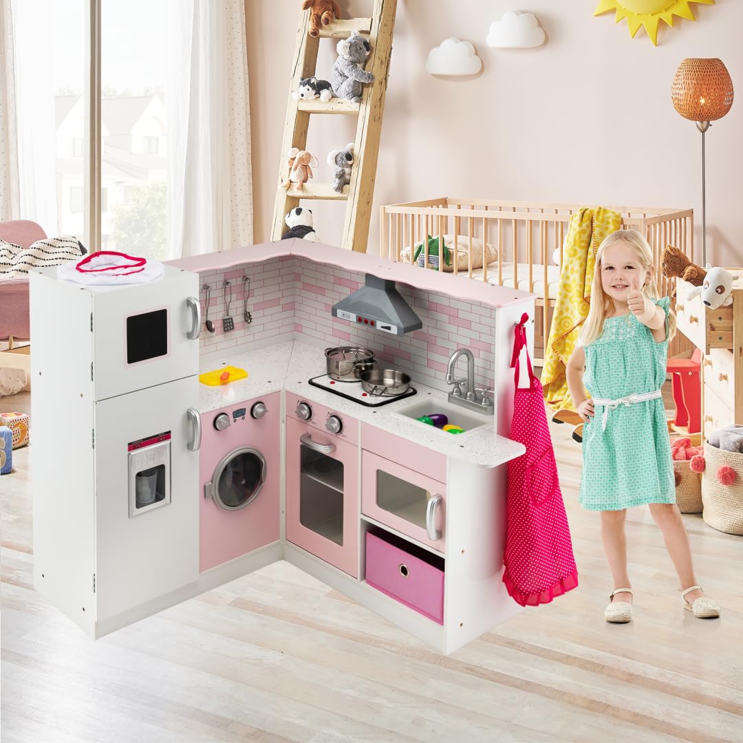 HOMASIS Cucina per Bambini in Legno ad Angolo Con Luci e Suoni, Cucinetta Con Lavello, Piano Cottura, Forno, Microonde, Lavagna - per Bambini dai 3 Anni in Su, Rosa