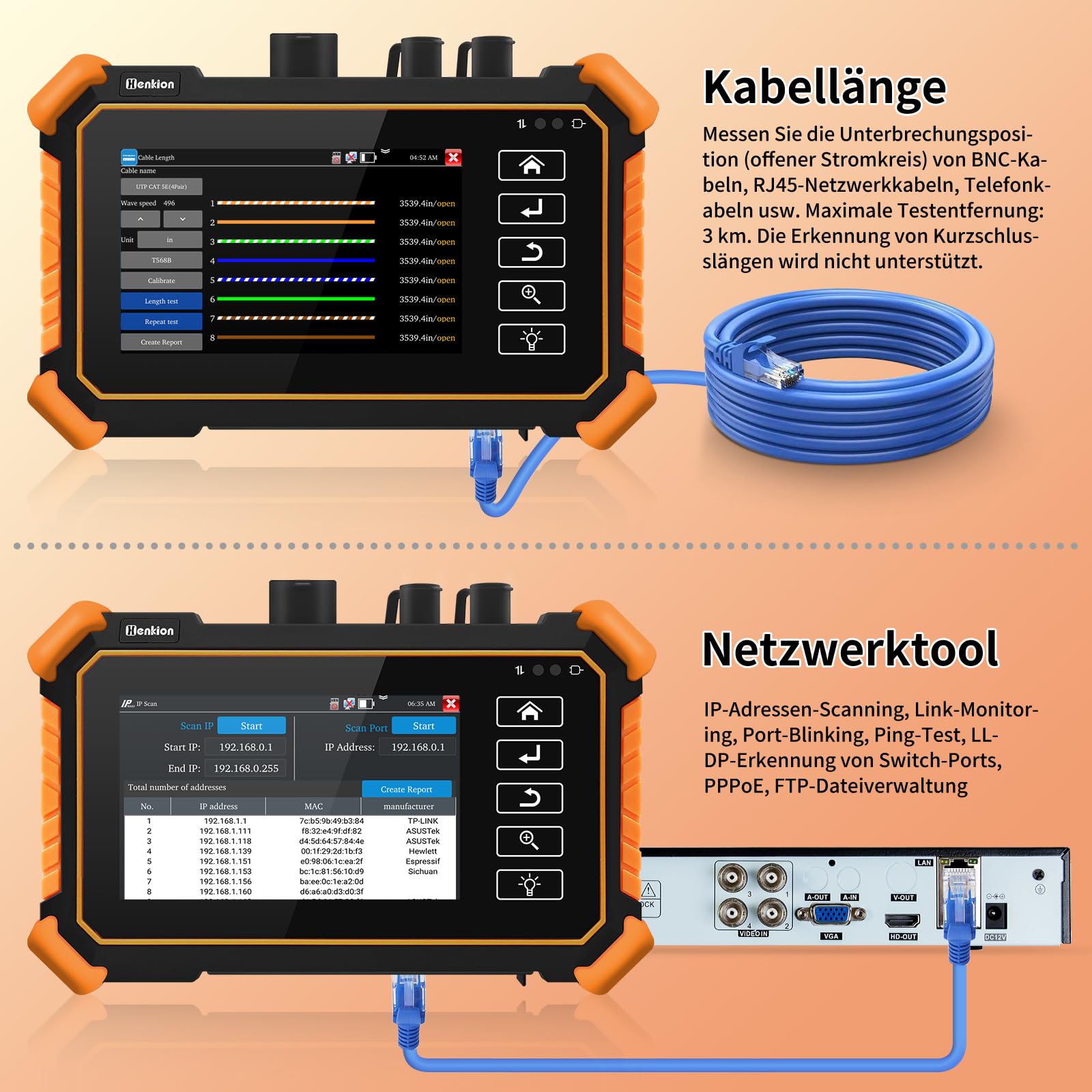 Henkion OTDR Fiber Optic Tester 1610nm 26dB, Glasfasertester unterstützt OPM, LS, OLS, VFL, Ereigniskarte, UTP/RJ45 TDR kabeltest/Längenkabeltester, Netzwerktester, 8 Faseradapter, FTP/Bericht