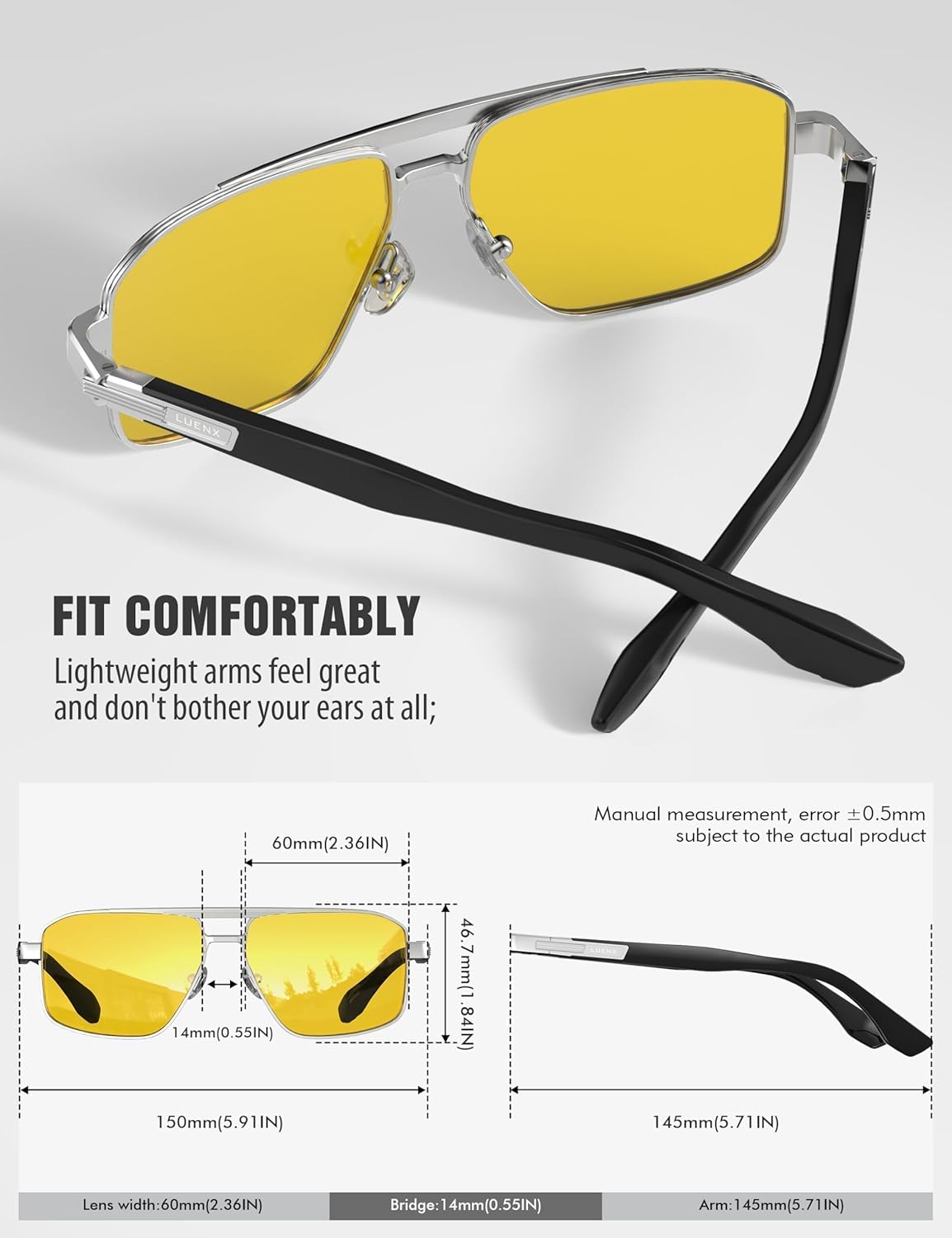 LUENX Aviator Sunglasses for Men Retro Square Polarized Polygon Shades UV 400 Protection - Image 4