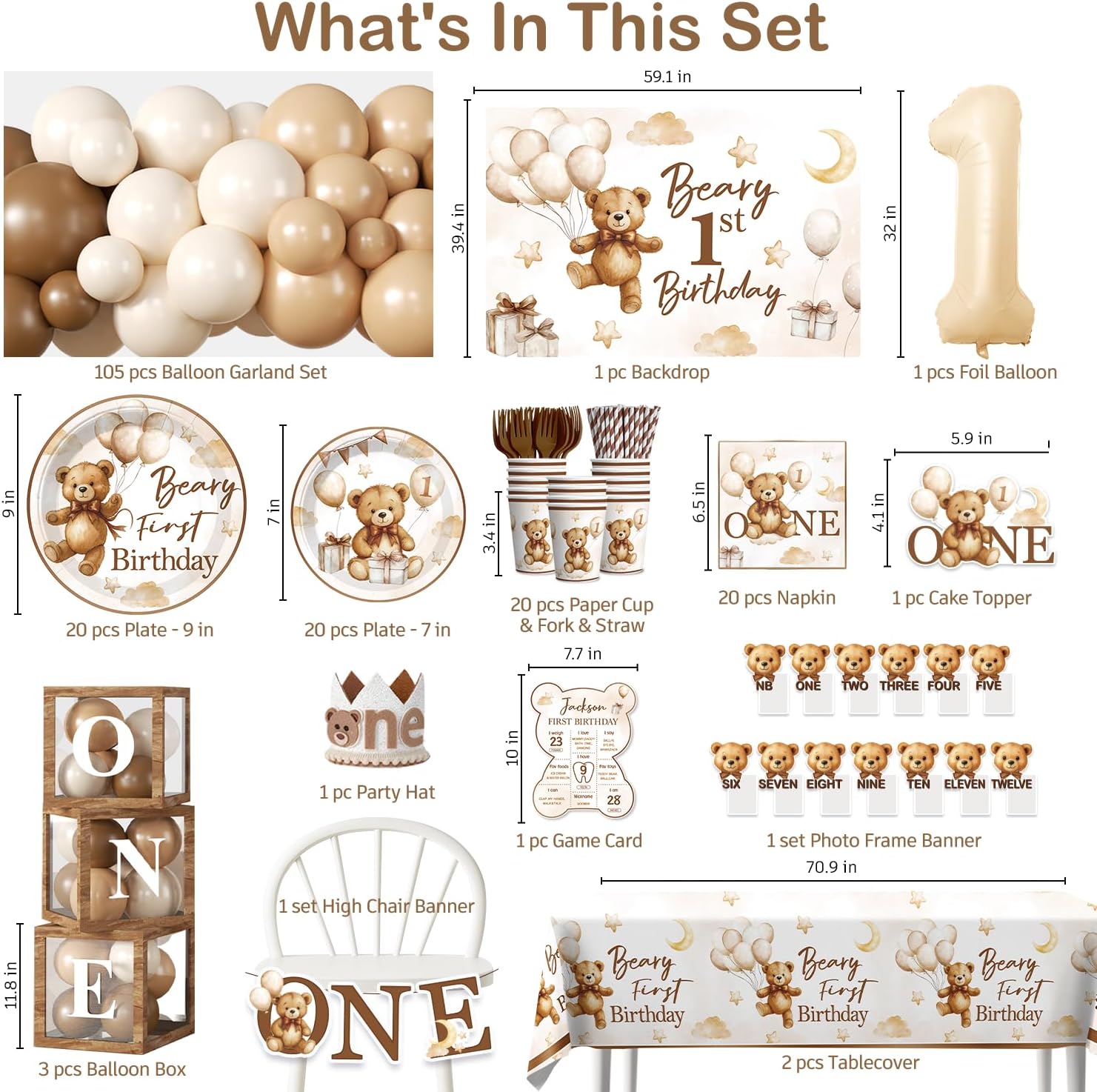 cocomigo 238 PCS Beary First Birthday Decorations, All-in-One Brown Bear Party Pack Service 20, With Banners, Backdrop, Cake Topper, Balloons, Plates and Napkins for Beary 1st Birthday Party