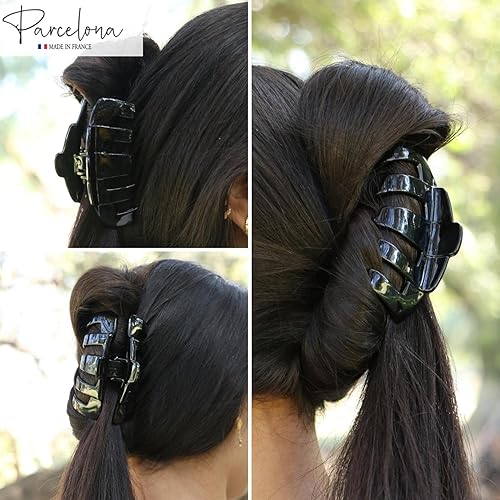 Miniatura 4 de Parcelona Pinza para el cabello de la mandíbula francesa tubular negra de 3 pulgadas cubierta de celuloide, agarre antideslizante, pinza de pelo