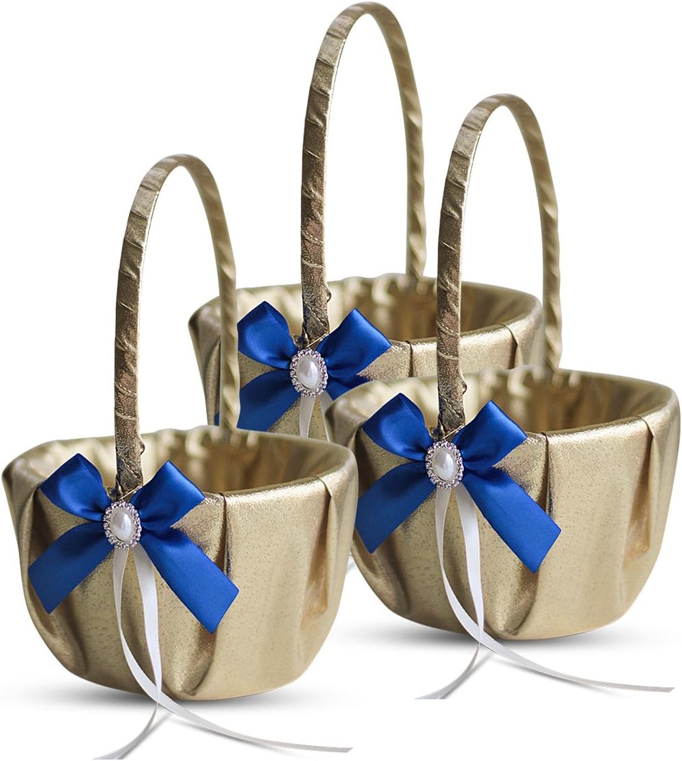 Gold & Royal Blue Wedding Ring Bearer Pillow and Flower Girl Basket Set – Satin & Ribbons – Pairs Well with Most Dresses & Themes – Splendour Every Wedding Deserves