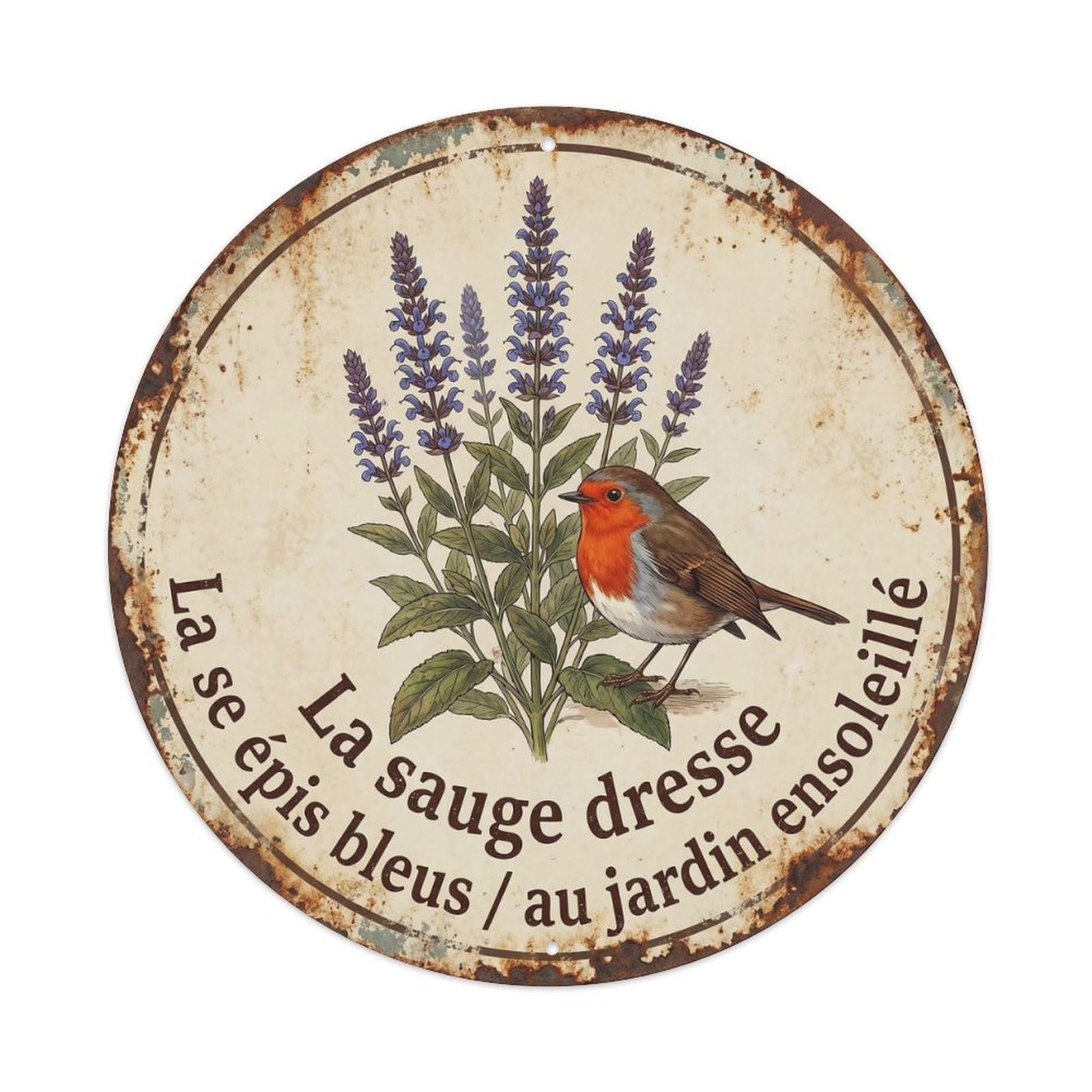 Robin Bird Garden Quote Salvia CircleMetal Tin Sign