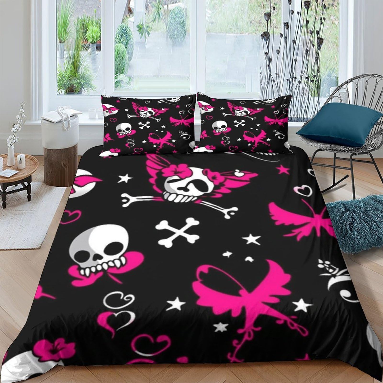 Ctjqhvkz Style-3 3D Printed Skull Butterfly Fitted Sheet Microfiber Black Pink Gothic Bed Cover For Bedroom Dorm Mattress Decor Single（135X200cm）