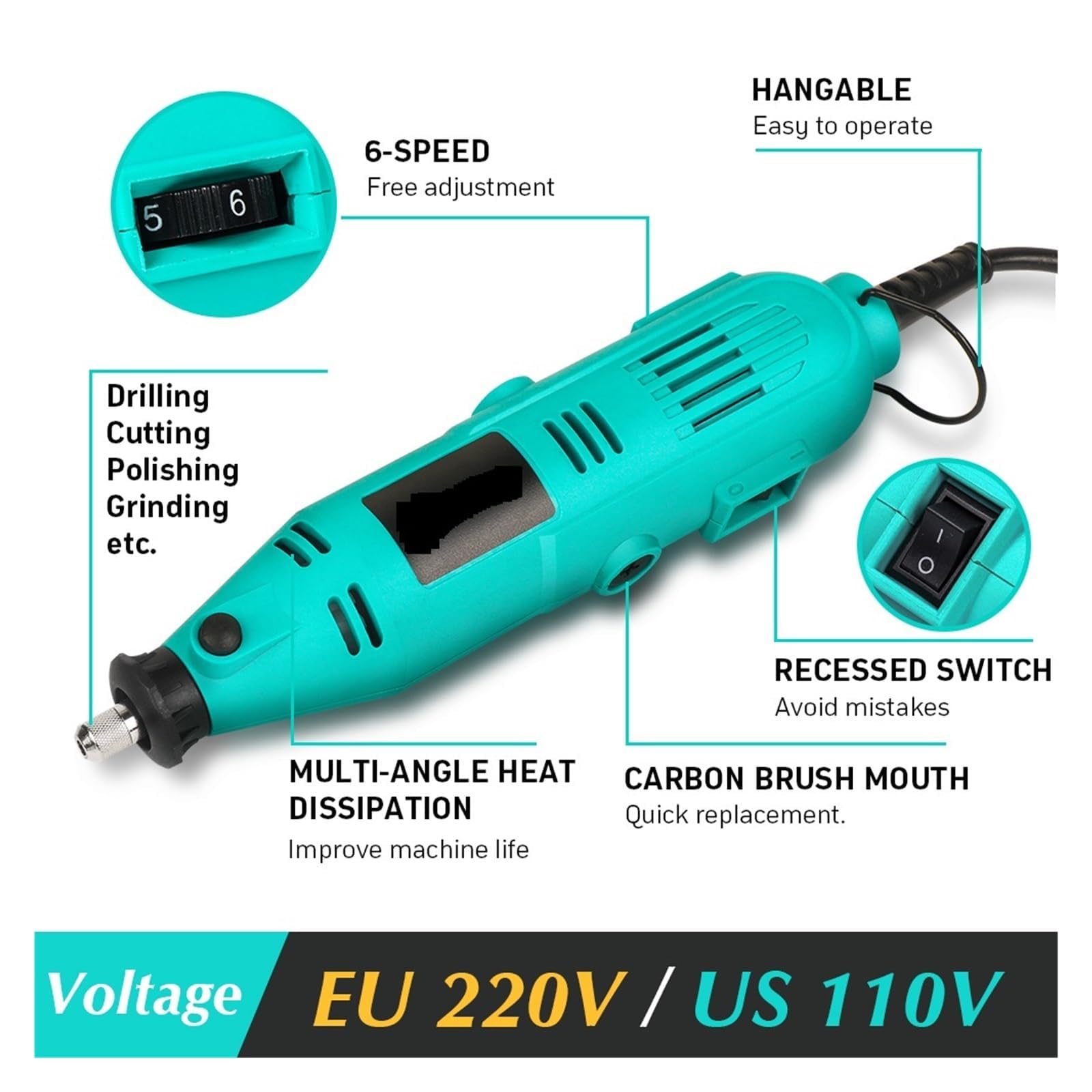 Broca rotativa eléctrica, pulidora y pulidora de bricolaje, juego de taladro eléctrico, herramienta de molienda y grabado de uñas, para grabar, cortar, lijar, pulir