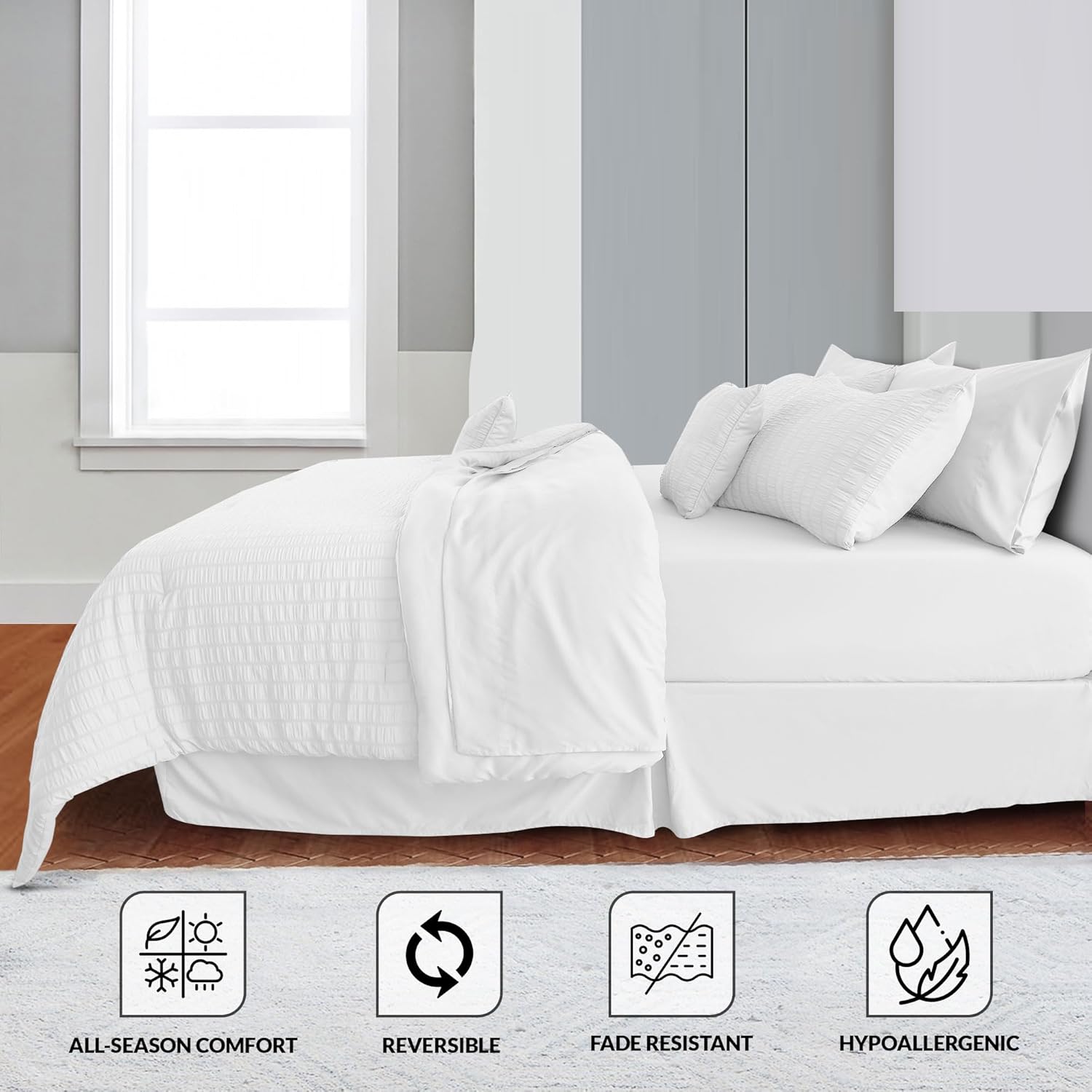 Lux Decor 10 Piece Comforter Set Queen Size 88x88 Inch, Seersucker Bed in a Bag Queen Bedding Set - Down Alternative Comforter Set with Sheets for All Seasons - White