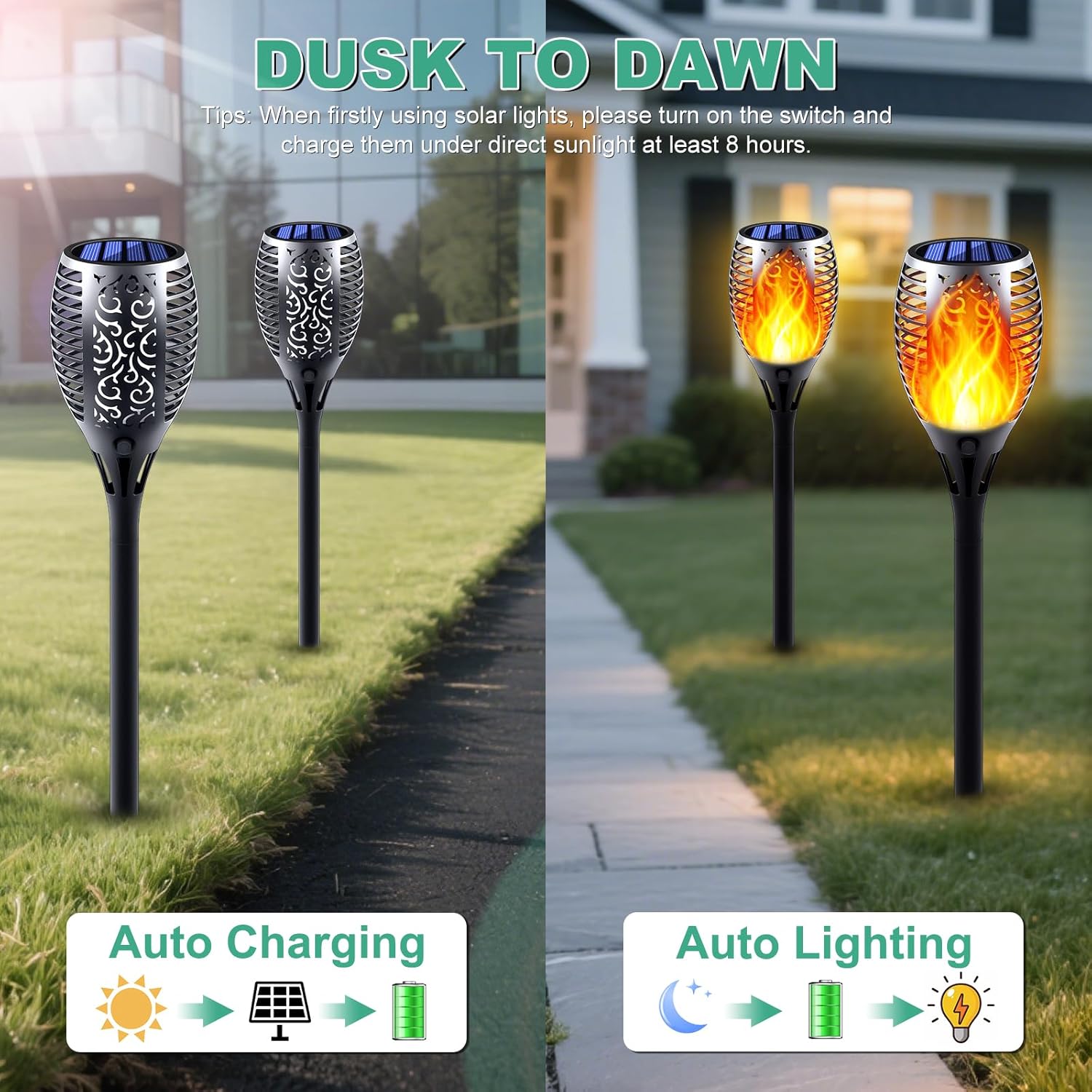 Solar Torch Lights, 8 Pack with Extension Rods & Realistic Flickering Flame, Waterproof Outdoor Pathway Lights for Garden, Yard, Patio, Lawn Landscape Decoration