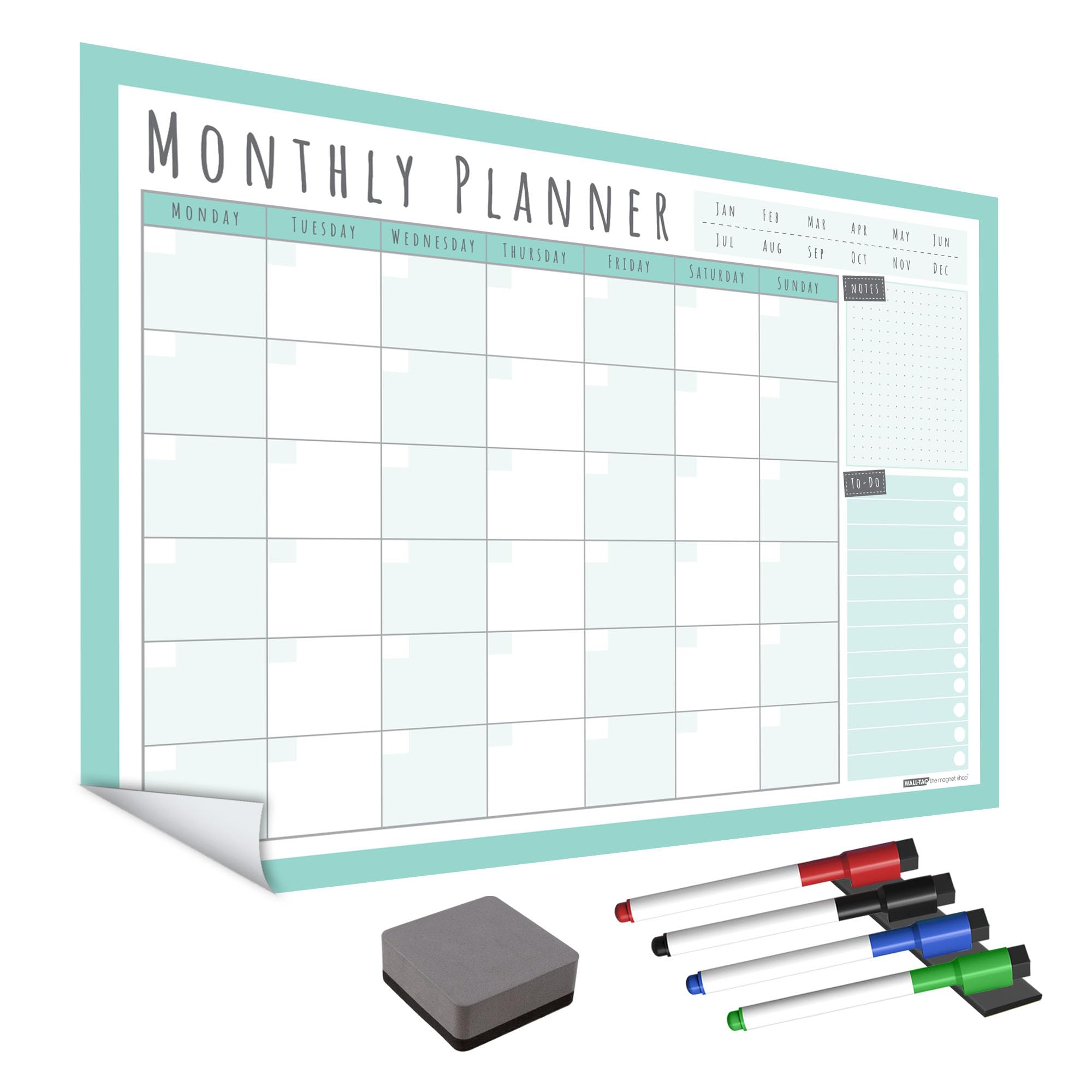 WallTAC Planificador mensual de pared (594 x 420 mm) | Pizarra blanca/Calendario adhesiva y reutilizable | 4 rotuladores pizarra blanca y borrador incluidos