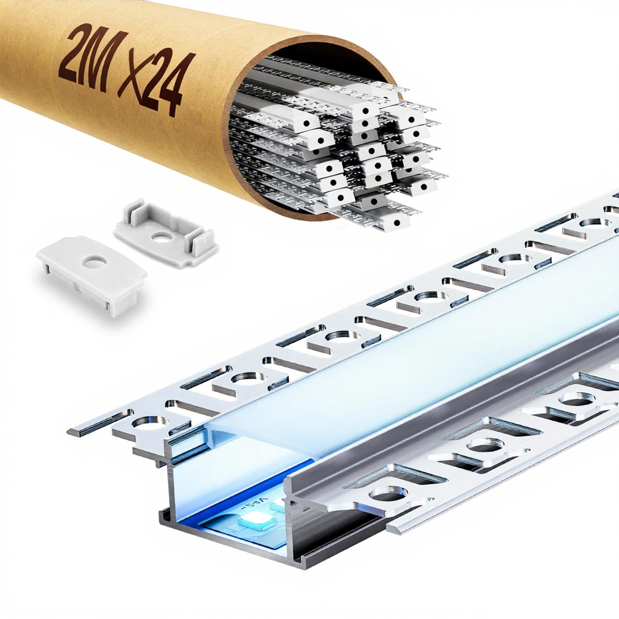 Profil LED do suchej zabudowy do taśm LED 24 x 2 m, profil aluminiowy LED do ścian i sufitów, 48 m, listwa LED, rozmiar 28 x 13,8 mm, lamele 64,2 mm, nadaje się do taśm LED do 20,2 mm