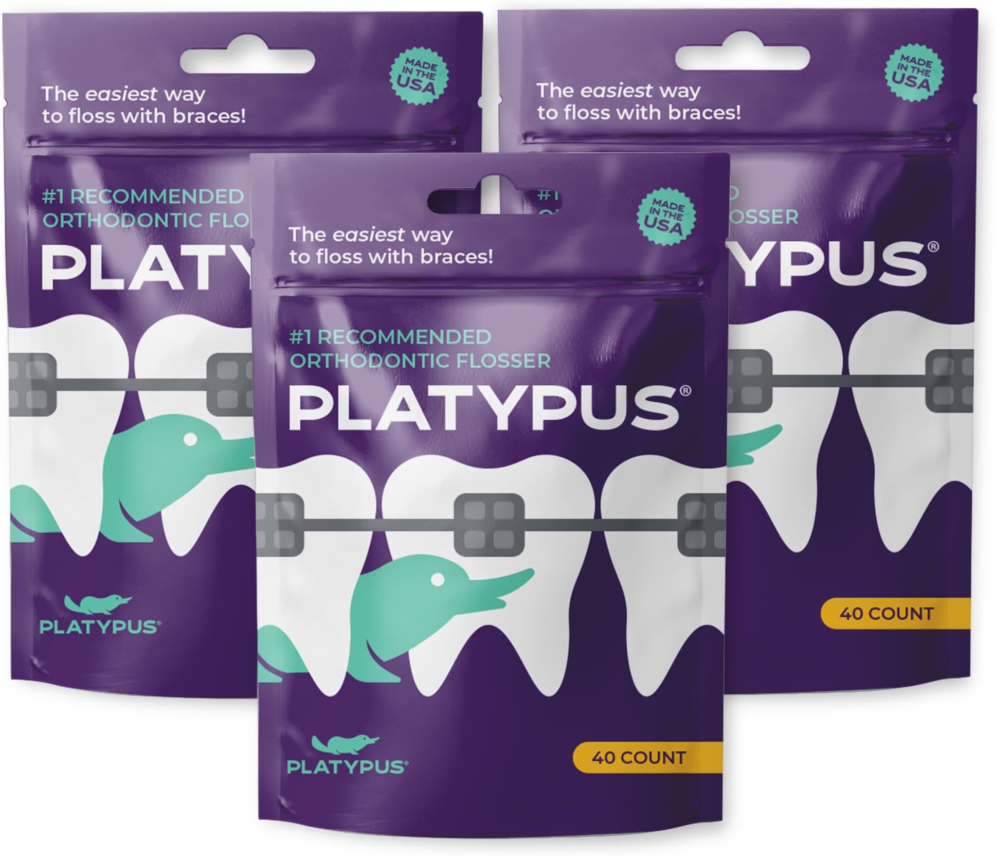 Platypus Orthodontic Flossers- Dental Floss Picks for Braces, Fits Under Arch Wire, Will Not Damage Braces, Increase Flossing Compliance, Floss Teeth in Less Than Two Minutes - 40 Count (Pack of 3)