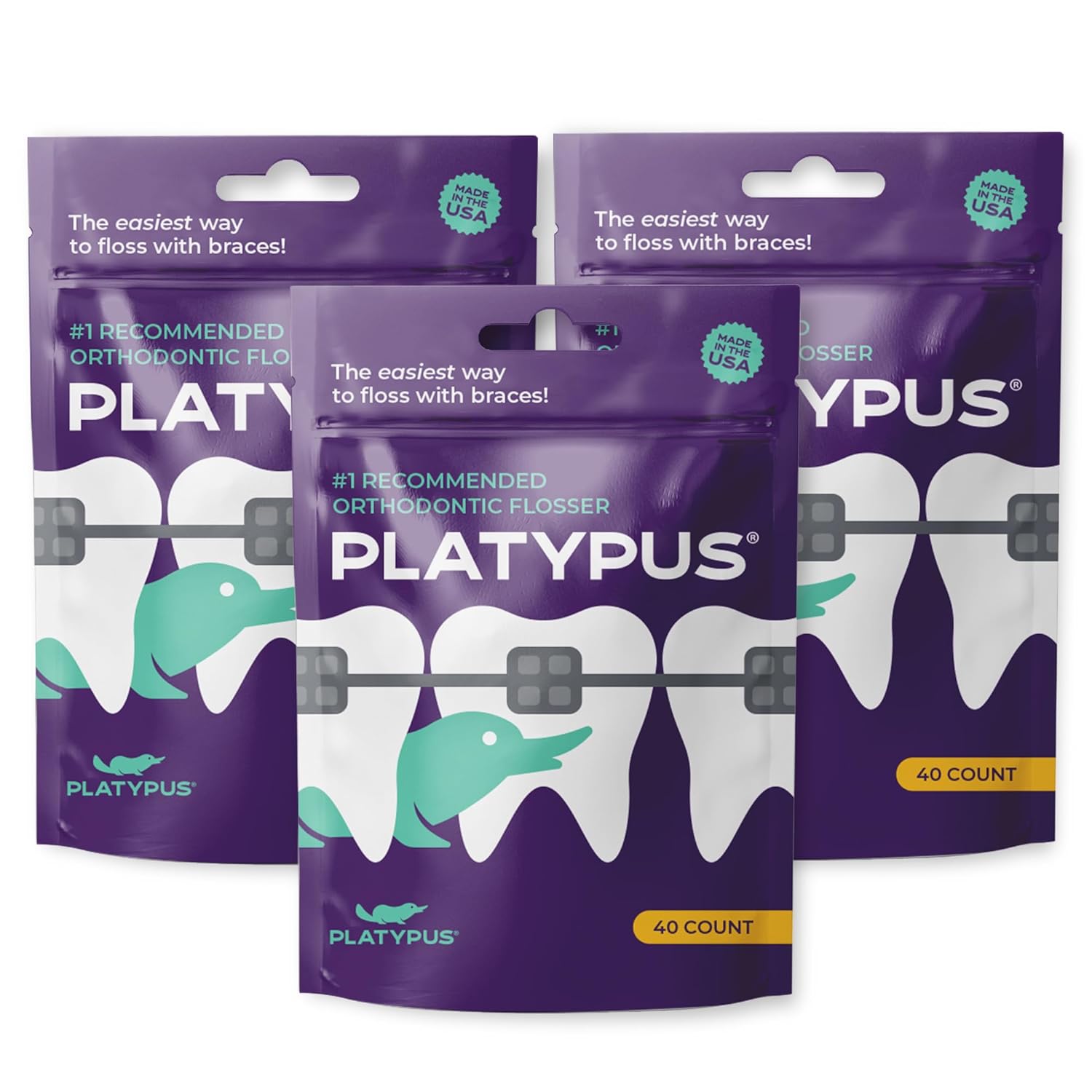 Platypus Orthodontic Flossers for Braces 40 Count Pack of 3 Ortho Picks for Adults Kids Fits Under Arch