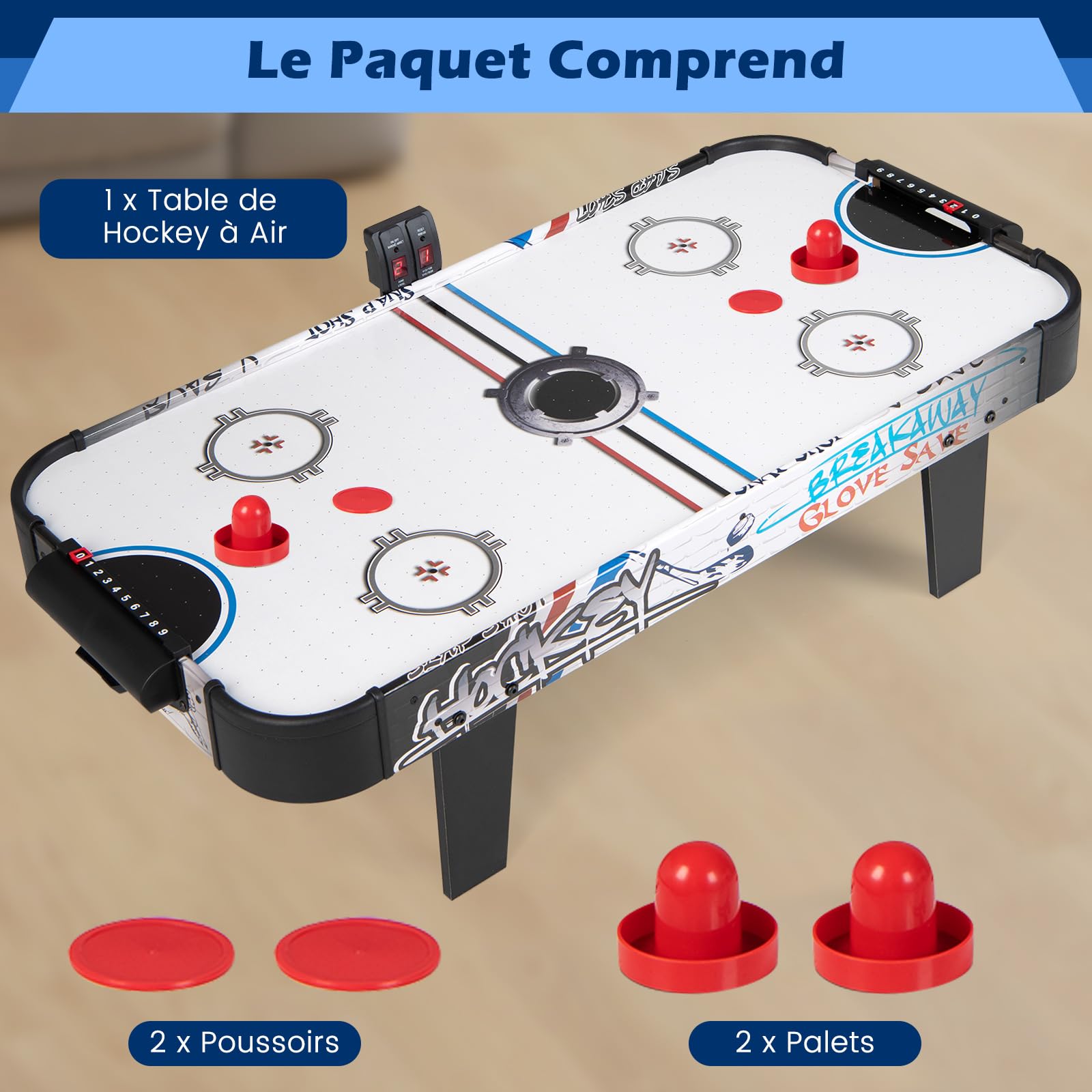COSTWAY Table de Hockey à Air avec Marqueur Électronique LED & Ventilateur 12V, Table de Jeu Compact avec 2 Palets & 2 Poussoirs, Air Hockey pour Adultes et Enfants