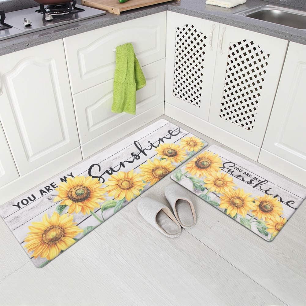 Carvapet 2-Piece Anti Fatigue Kitchen Rug Set, Cushioned PVC Waterproof Comfort Standing Mats, Non Slip Farmhouse Printed Kitchen Floor Mat and Runner (Sunflowers, 17"x27"+17"x47")
