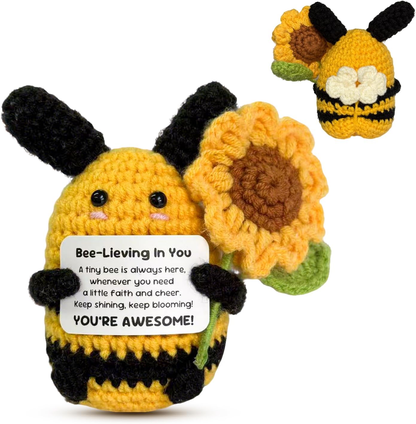 Positive Crochet Bee with Detachable Flower, Soft & Comfortable Emotional Support Gifts Back to School Christmas Birthday Anniversary Desk Decor for Women Men Friend Teacher Coworker Mom