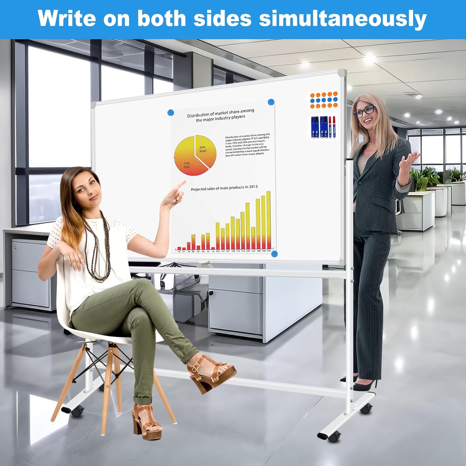 BSTPCOO Magnetic Dry Erase White Board with Stands 60 x 40 Inch, Double-Sided 5' x 3' Large Rolling Whiteboard on Wheels Mobile Whiteboard Portable Stand Up White Board for Office, School, Home